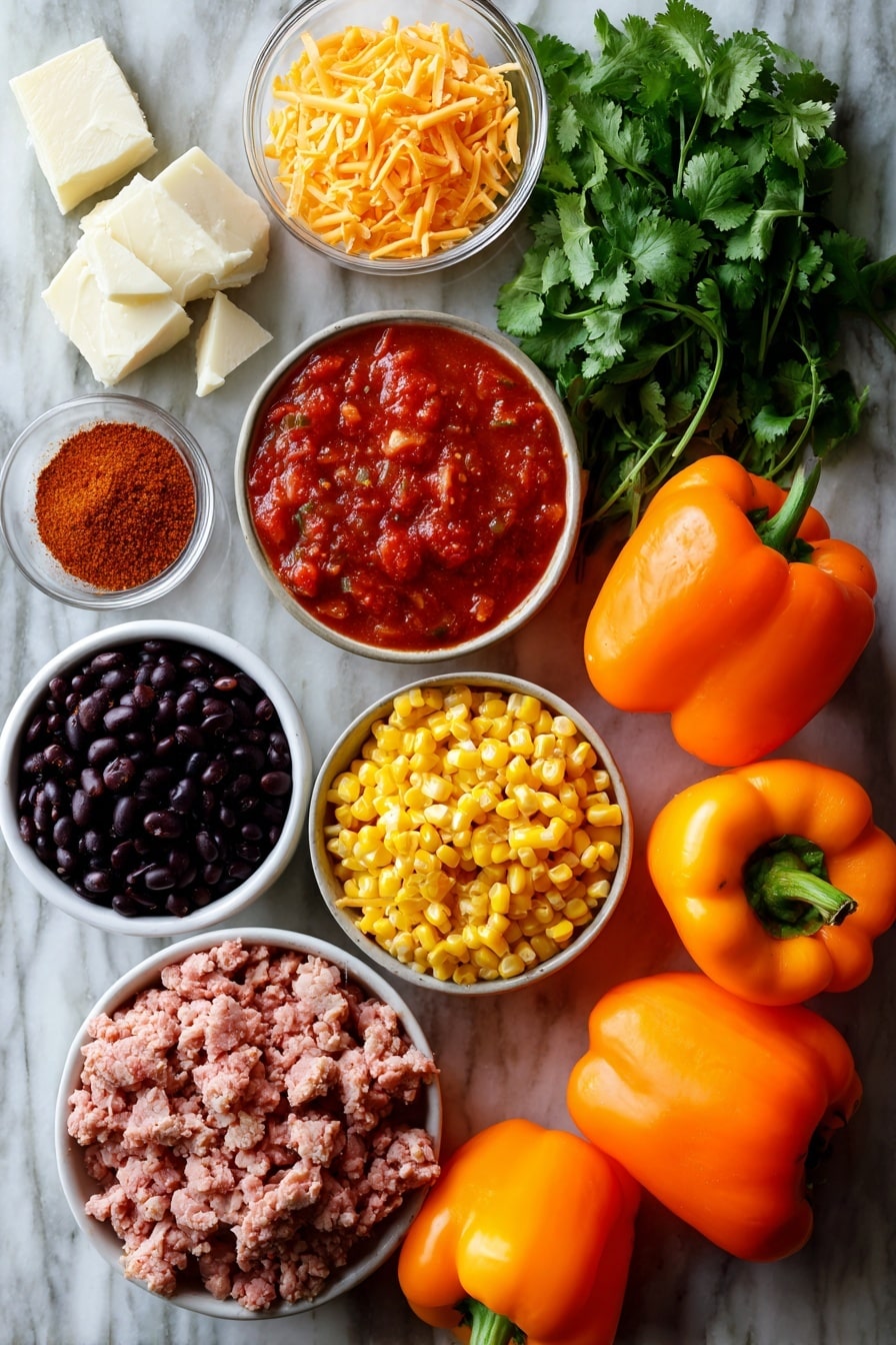 Flat lay of vibrant orange bell peppers with shiny, smooth skins and firm, hollowed interiors, mounds of fresh, bright yellow corn kernels, glossy black beans with a deep, rich color, raw ground turkey with a pale pink, slightly crumbly texture, sprigs of fresh green cilantro leaves scattered delicately, wedges of creamy white and orange cheddar and pepper jack cheese showing marbled patterns, small piles of warm reddish-brown taco seasoning powder, and a bowl of chunky red salsa with visible tomato, onion, and pepper bits, all beautifully arranged with natural spacing and slight overlap to create depth and interest, placed on white marbled surface, photo taken with an iphone --ar 2:3 --v 7 - Jack-o-lantern Stuffed Bell Peppers, Halloween stuffed peppers, festive stuffed vegetable recipe, cheesy stuffed bell peppers, kid-friendly Halloween dinner