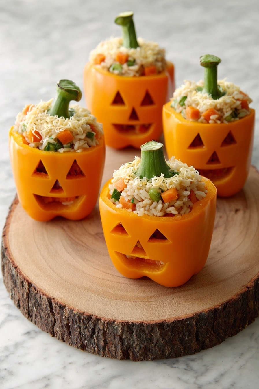 A woman's hand with dark blue nail polish is holding a bright orange bell pepper that has a carved Jack-o'-lantern face. The pepper is filled with a mixture of cooked ground meat, corn, and shredded cheese. Around it, four more orange bell peppers are filled with the same meat and cheese mix, two with pepper tops on and two without. All the peppers sit on a round wooden board placed on a white marbled surface. The colors are vibrant with the orange peppers, yellow corn, and white-yellow cheese visible. Photo taken with an iphone --ar 2:3 --v 7 - Jack-o-lantern Stuffed Bell Peppers, Halloween stuffed peppers, festive stuffed vegetable recipe, cheesy stuffed bell peppers, kid-friendly Halloween dinner