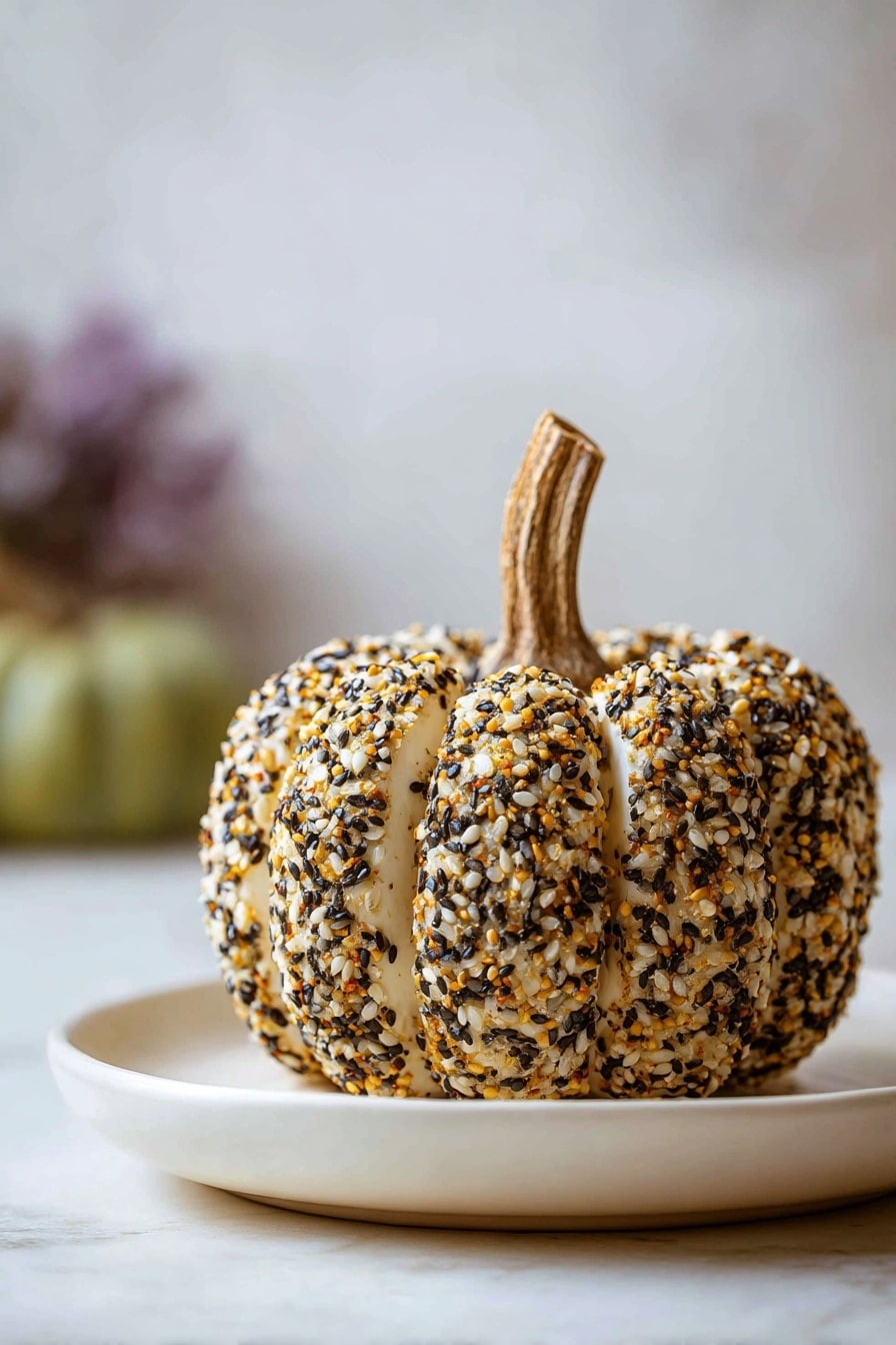 The image shows a cheese ball shaped like a small pumpkin on a white plate. The cheese ball is covered with a mix of black, white, and orange seeds, giving it a speckled texture. A brown dried pumpkin stem is placed in the center, making it look like a real pumpkin. In the foreground, there is a white bowl filled with round, light-brown crackers. The background has an orange pumpkin and a light green container with some crackers or bread inside, all placed on a white marbled surface. Photo taken with an iphone --ar 2:3 --v 7 - Everything Bagel Cheeseball, savory cheeseball appetizer, easiest cheese ball recipe, party snack ideas, creamy bagel cheese ball