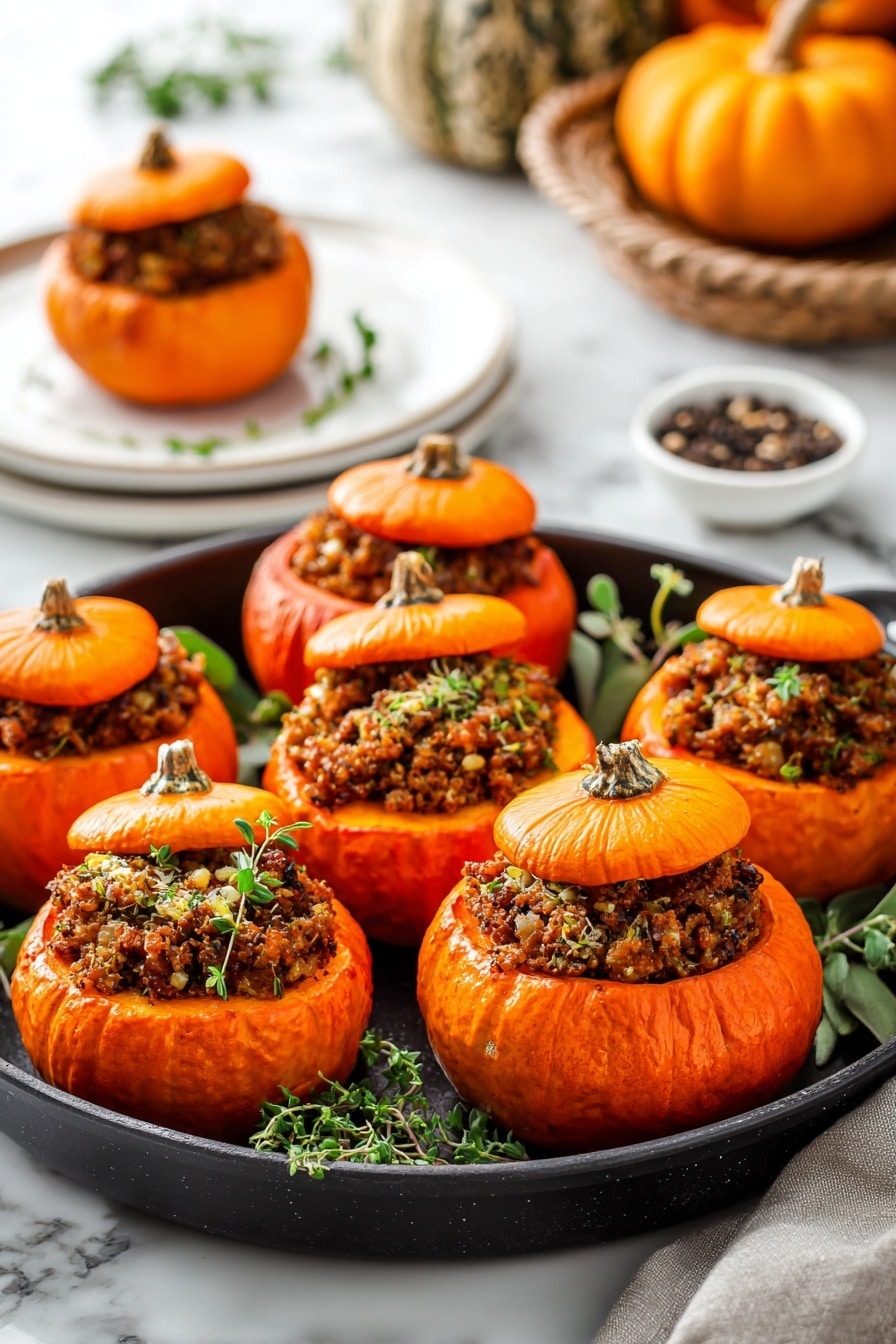 The dish shows a small orange pumpkin split into two parts, with the bottom part filled with a crumbly, brown stuffing that has a slightly rough texture. The pumpkin lid is placed on top but slightly off to the side, sprinkled with coarse salt and cracked pepper, showing its rough, ridged surface and stem in the middle. The pumpkin sits on a white plate, with some fresh green herbs, including sage and thyme, positioned behind it. A gold fork is inserted into the stuffing, resting at the bottom of the plate on a white marbled surface. A portion of a striped cloth napkin and a second plate with another stuffed pumpkin are also partially visible nearby. photo taken with an iphone --ar 2:3 --v 7 - Stuffed Mini Pumpkins with Savory Ground Beef and Pumpkin Puree, fall pumpkin appetizer, stuffed pumpkin recipe, savory pumpkin dinner, festive mini pumpkin bites