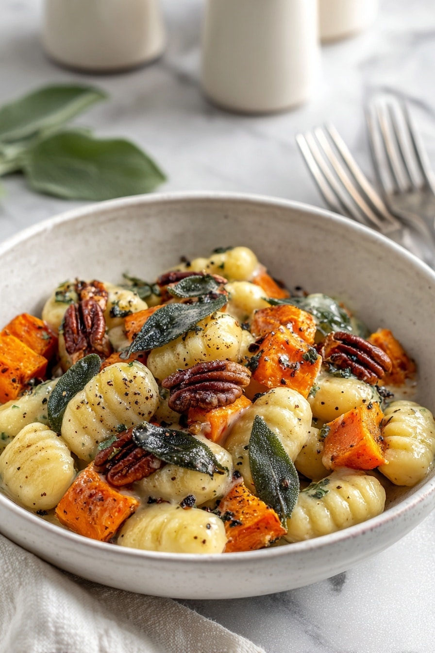 Pumpkin Gnocchi Bake with Blue Cheese, Pecans, and Crispy Sage Recipe