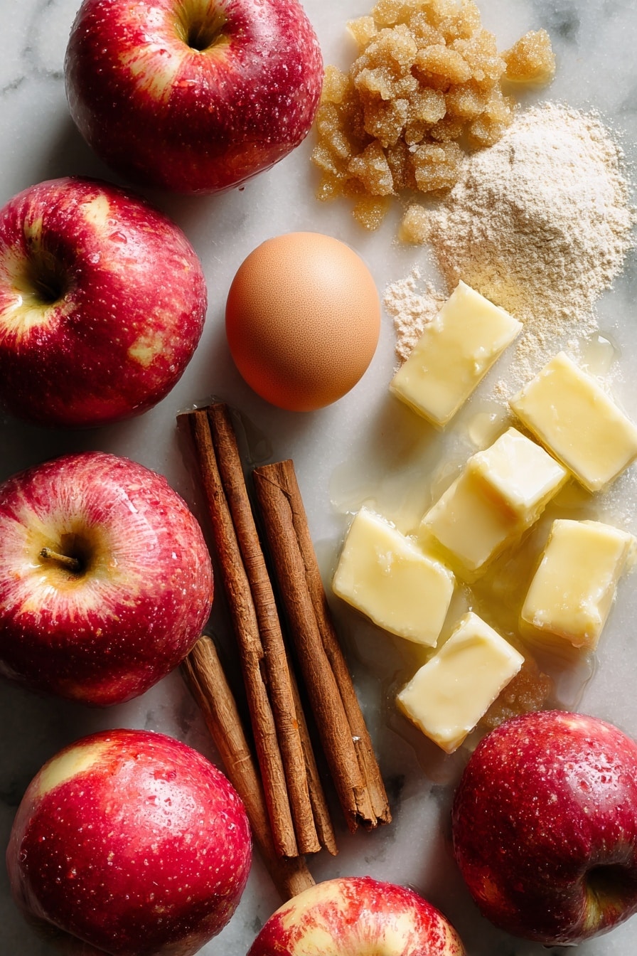 Flat lay of vibrant fresh Pink Lady apples with shiny red and yellow skins, golden brown sugar crystals in a small mound, smooth sticks of cinnamon with a rich dark brown color, cold unsalted butter cubes in pale creamy yellow, a small pile of finely ground almond flour with a soft, powdery texture, translucent water droplets glistening as if just poured, and a fresh whole egg with a glossy white shell, all beautifully arranged with natural spacing and varied angles, placed on white marbled surface, photo taken with an iphone --ar 2:3 --v 7 - Apple Pie à la Mode, Apple Pie with Ice Cream, Classic Apple Pie Recipe, Cinnamon Apple Pie, Easy Apple Pie Dessert