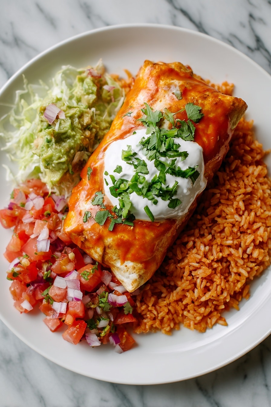 Two golden-brown rolled tortillas filled with cooked chicken and sauce sit side by side on a white plate with speckled edges. On top of the tortillas is a dollop of white sour cream and chunky red salsa with small bits of tomato, onion, and herbs, scattered with chopped green cilantro leaves. Beside the tortillas is a serving of orange-yellow seasoned rice sprinkled lightly with green herbs. A few fresh cilantro leaves are placed near the edge of the plate. The plate is set on a white marbled surface. photo taken with an iphone --ar 2:3 --v 7 - Chicken Chimichangas, Best Chicken Chimichangas, Mexican Chicken Chimichangas, Crispy Chicken Chimichangas, Easy Chicken Chimichangas