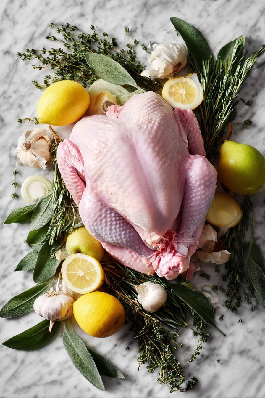 Flat lay of a large raw whole turkey with pale pink skin, surrounded by fresh quartered yellow lemon slices, crisp white onion wedges, and bright red apple quarters. Sprigs of vibrant green rosemary, thyme, and sage are artfully scattered around, showcasing their delicate needle-like and leafy textures. Clusters of plump, peeled garlic cloves with smooth ivory skins add interest, all placed on a white marbled surface, photo taken with an iphone --ar 2:3 --v 7 - Easy No Fuss Thanksgiving Turkey, Thanksgiving turkey recipe, simple turkey dinner, stress-free turkey roast, juicy roasted turkey