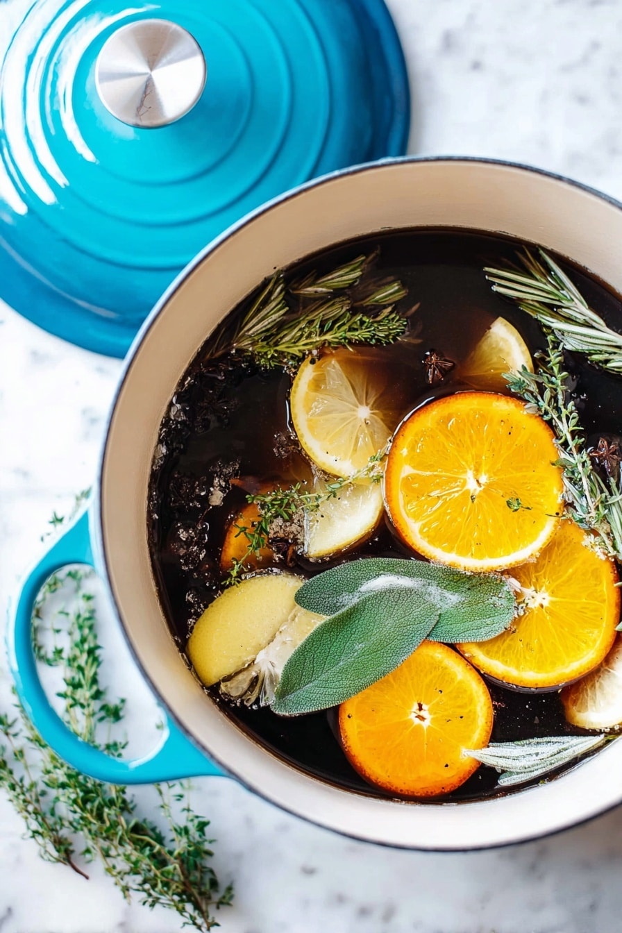 The image shows a white pot with a blue lid next to it, sitting on a white marbled surface. Inside the pot, there are two large pieces of pale chicken partially submerged in clear broth filled with herbs and vegetables. The broth layer is transparent brown with small dark herb bits floating on top. On the surface, there are bright green fresh herb leaves along with small yellow lemon pieces and orange carrot chunks scattered around the chicken. The overall look is fresh and light, with the mix of green, yellow, white, and orange colors floating in the broth. Photo taken with an iphone --ar 2:3 --v 7 - Easy Turkey Brine with Citrus, Herbs, and Garlic Herb Butter, citrus turkey brine, herb-infused turkey marinade, juicy turkey recipe, Thanksgiving turkey tips