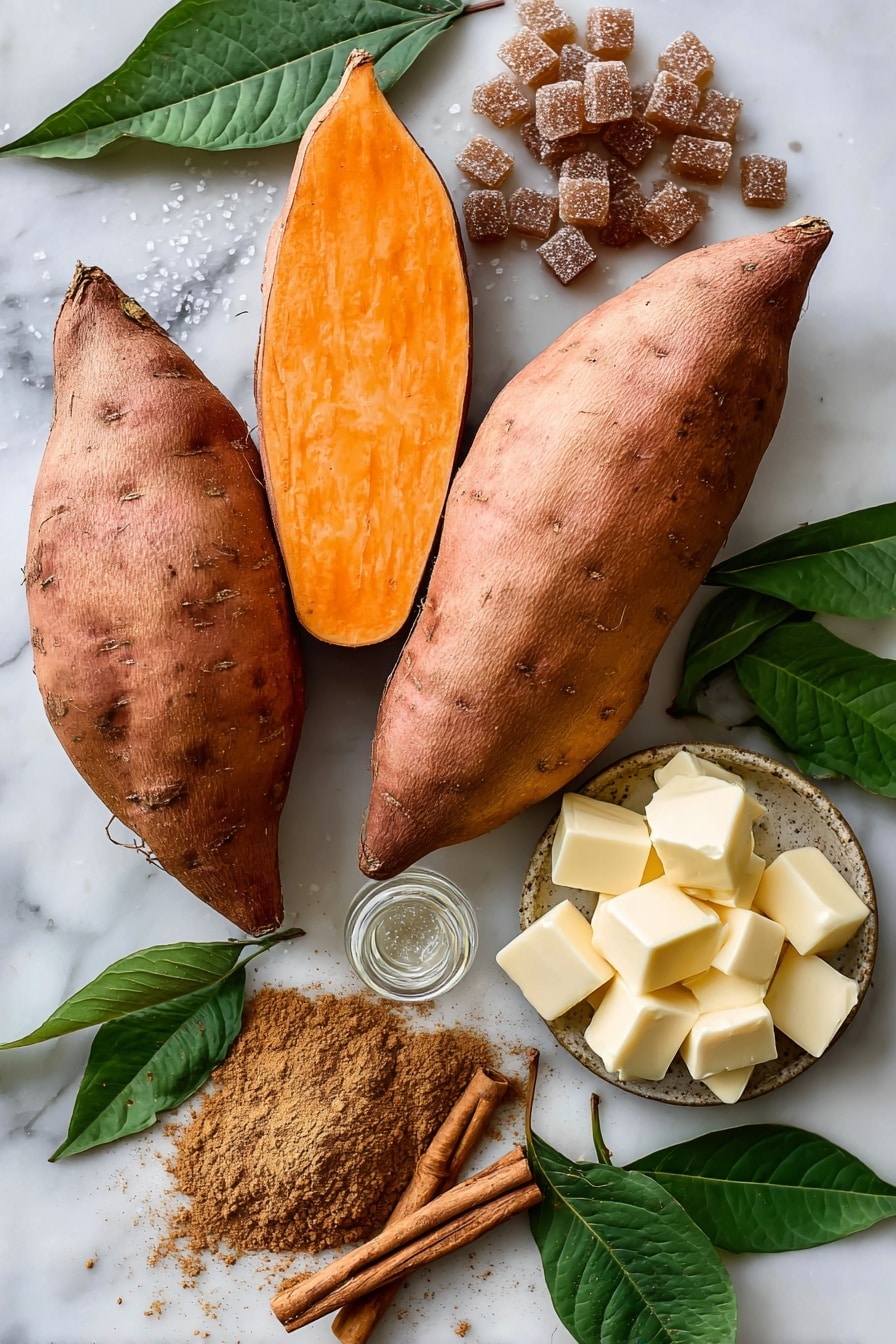 Flat lay of three large sweet potatoes with vibrant orange flesh, a small pile of rich dark brown sugar crystals glistening, golden cubes of salted butter with smooth, creamy texture, a small heap of warm cinnamon powder in reddish-brown tones, a delicate sprinkle of light brown nutmeg powder, and a tiny glass vial of clear vanilla extract, all naturally arranged with scattered cinnamon sticks and a few sweet potato leaves for a touch of green, placed on white marbled surface, photo taken with an iphone --ar 2:3 --v 7 - The Best Candied Yams, candied yams recipe, sweet yams, holiday yam dishes, easy candied yams
