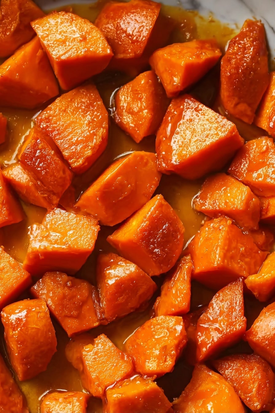 The image shows a close-up of a baking dish filled with chunks of cooked orange sweet potatoes. The sweet potato pieces have a shiny, slightly glazed surface that suggests they have been cooked with some kind of sauce or seasoning, giving them a rich orange color. The chunks are unevenly shaped but generally medium-sized. On the right side, a metal spoon holding several sweet potato pieces is partially submerged in the sauce at the bottom of the white marbled background. The overall look is warm, soft, and moist with a textured appearance on the sweet potatoes. Photo taken with an iphone --ar 2:3 --v 7 - The Best Candied Yams, candied yams recipe, sweet yams, holiday yam dishes, easy candied yams