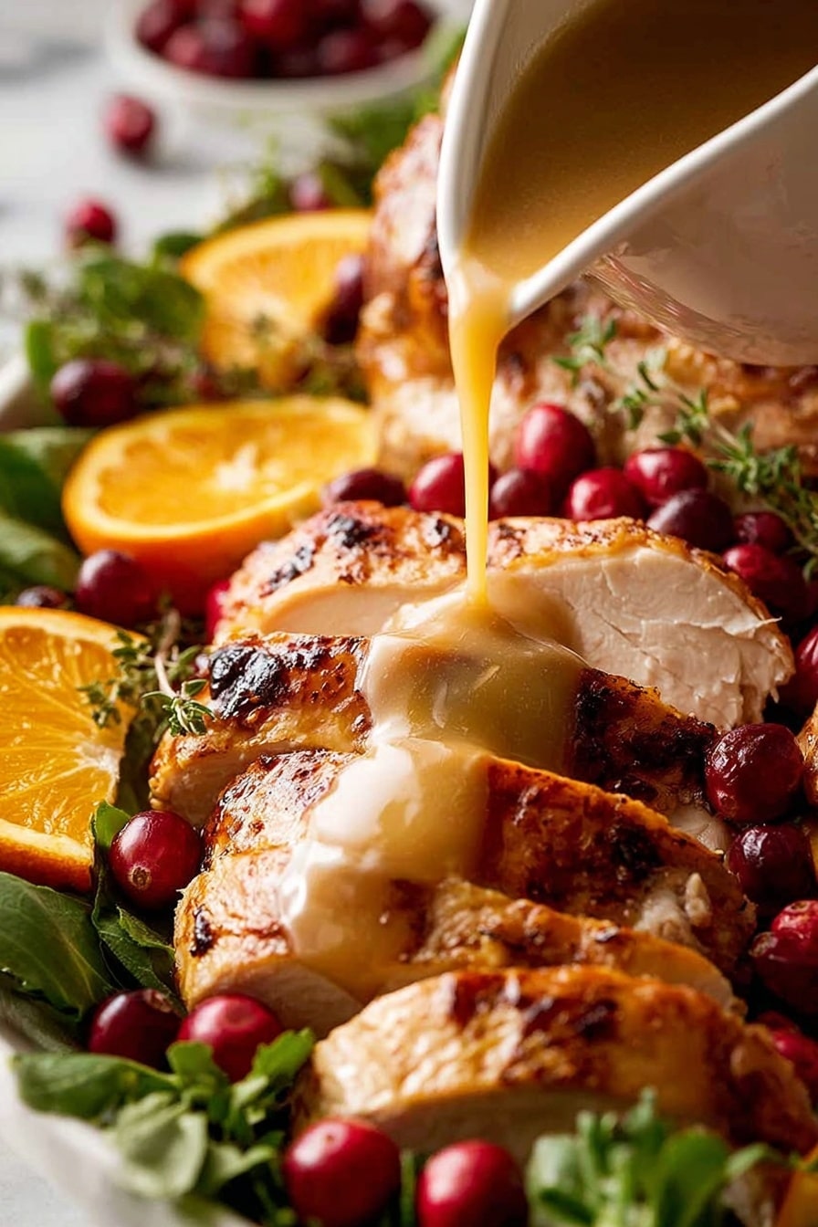 A close-up view of several layers of sliced roasted turkey arranged on a bed of green leafy herbs and bright red cranberries. Light brown gravy is being poured from a white jug onto the center of the thick turkey slices, creating a glossy sauce layer. Orange slices are placed on the side, adding a pop of vibrant color. The whole scene rests on a white marbled surface. photo taken with an iphone --ar 2:3 --v 7 - Juicy Roast Turkey with Herb Garlic Butter and Homemade Gravy, roast turkey recipe, holiday turkey, flavorful turkey with garlic herb butter, homemade turkey gravy