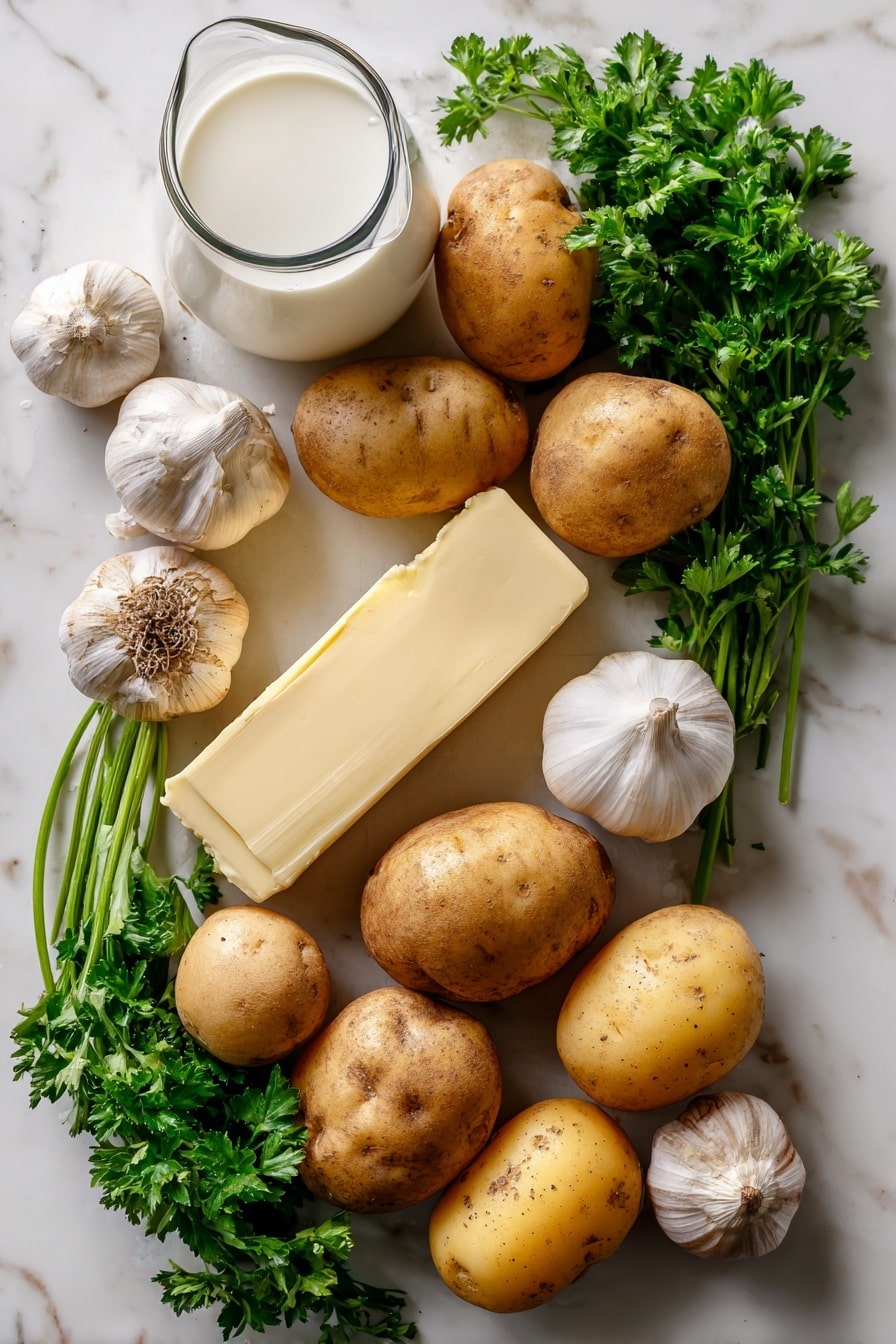 Flat lay of peeled russet and Yukon gold potatoes in varying warm beige and golden hues, whole garlic cloves with their smooth white skins, a rich slab of creamy golden salted butter, and a small glass jug of fresh white milk, all beautifully arranged with sprigs of bright green parsley adding a pop of color, placed on white marbled surface, photo taken with an iphone --ar 2:3 --v 7 - Best Mashed Potatoes, creamy mashed potatoes, buttery mashed potatoes, easy mashed potato recipe, comfort food recipes