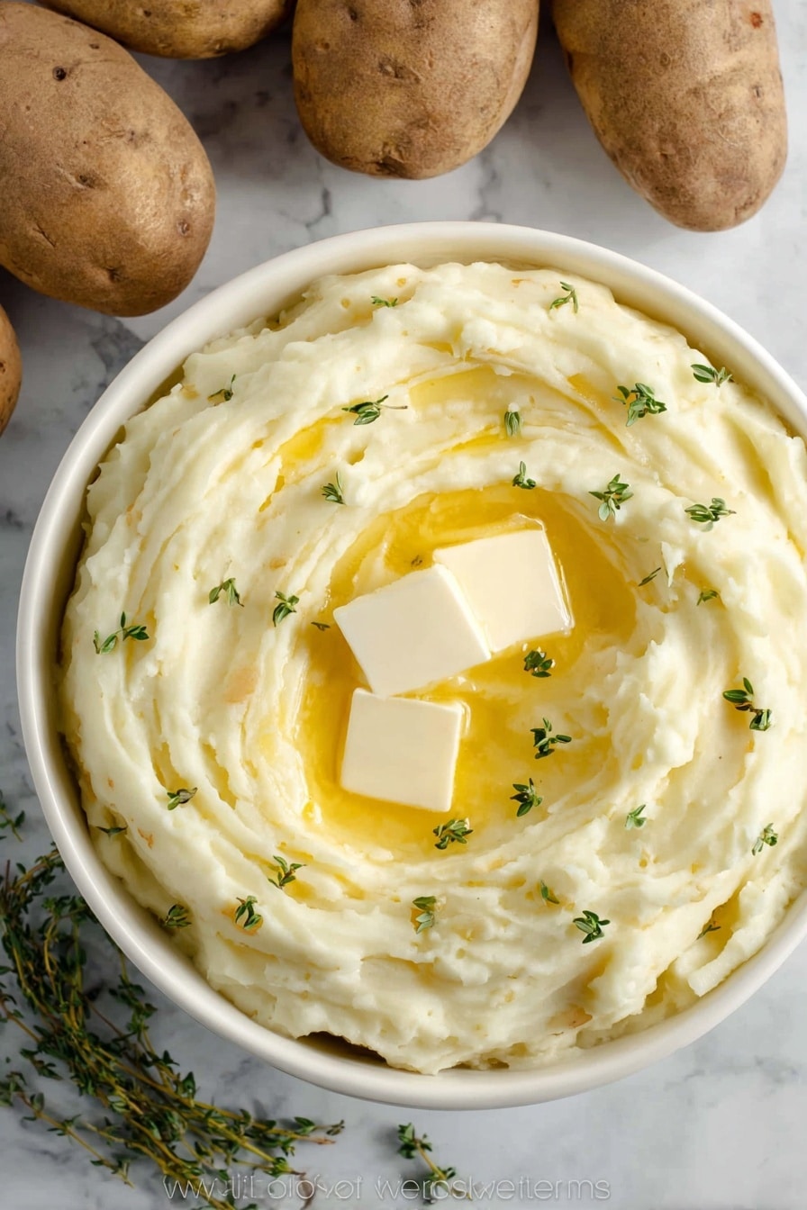 A white bowl filled with creamy mashed potatoes swirled in soft peaks, with two small square pieces of butter melting on top, creating a glossy yellow pool in the center. Scattered small green thyme leaves add a fresh color contrast. The bowl is placed on a white marbled surface, and several whole brown potatoes are in the background. photo taken with an iphone --ar 2:3 --v 7 - Best Mashed Potatoes, creamy mashed potatoes, buttery mashed potatoes, easy mashed potato recipe, comfort food recipes