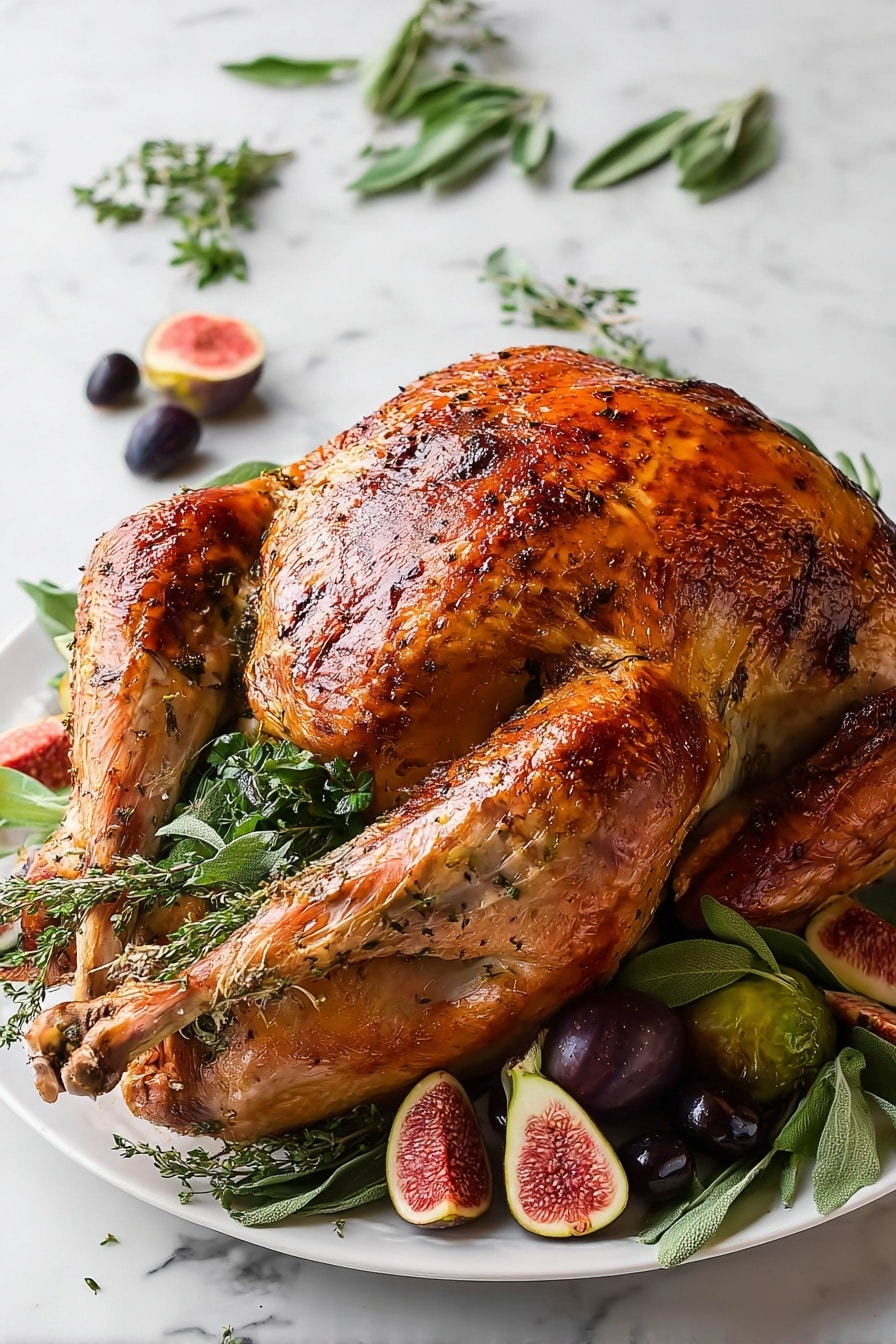 A whole roasted turkey with a shiny, golden brown skin speckled with black pepper sits centered on a white plate, resting on a bed of green herbs including rosemary and thyme. The turkey has a crispy textured surface and shows well-cooked legs and wings slightly spread out. Around the plate, there are dark purple olives and halved fresh figs with a pink-red interior. Sprigs of fresh herbs and additional fig halves are scattered on the white marbled surface beneath and around the plate. photo taken with an iphone --ar 2:3 --v 7 - Garlic Butter Roasted Turkey, turkey roasting tips, holiday turkey recipe, juicy turkey with garlic and herbs, easy turkey roast method