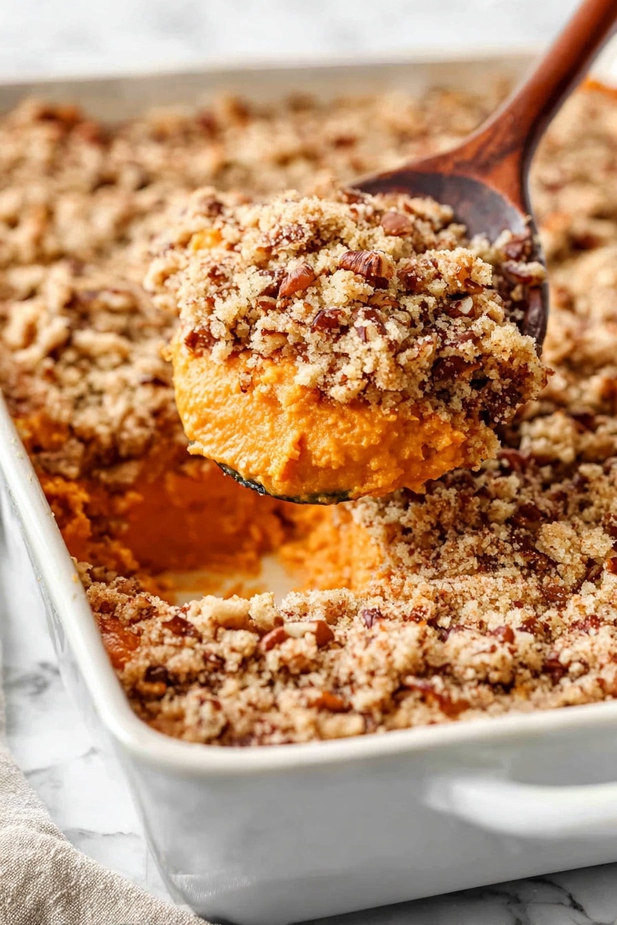 The image shows a white rectangular baking dish filled with a thick layer of golden brown crumble topping, textured with small crunchy bits and chopped pecans mixed in. The crumble has a coarse, crumbly surface with a warm toasted color. The baking dish sits on a white marbled surface scattered with more pecan pieces. To the right, there is a wooden spoon with a smooth finish, and a grey and white patterned cloth is placed partially under the left side of the dish. Photo taken with an iphone --ar 2:3 --v 7 - Sweet Potato Casserole, sweet potato casserole, comforting side dish, holiday side dish, pecan topping sweet potato