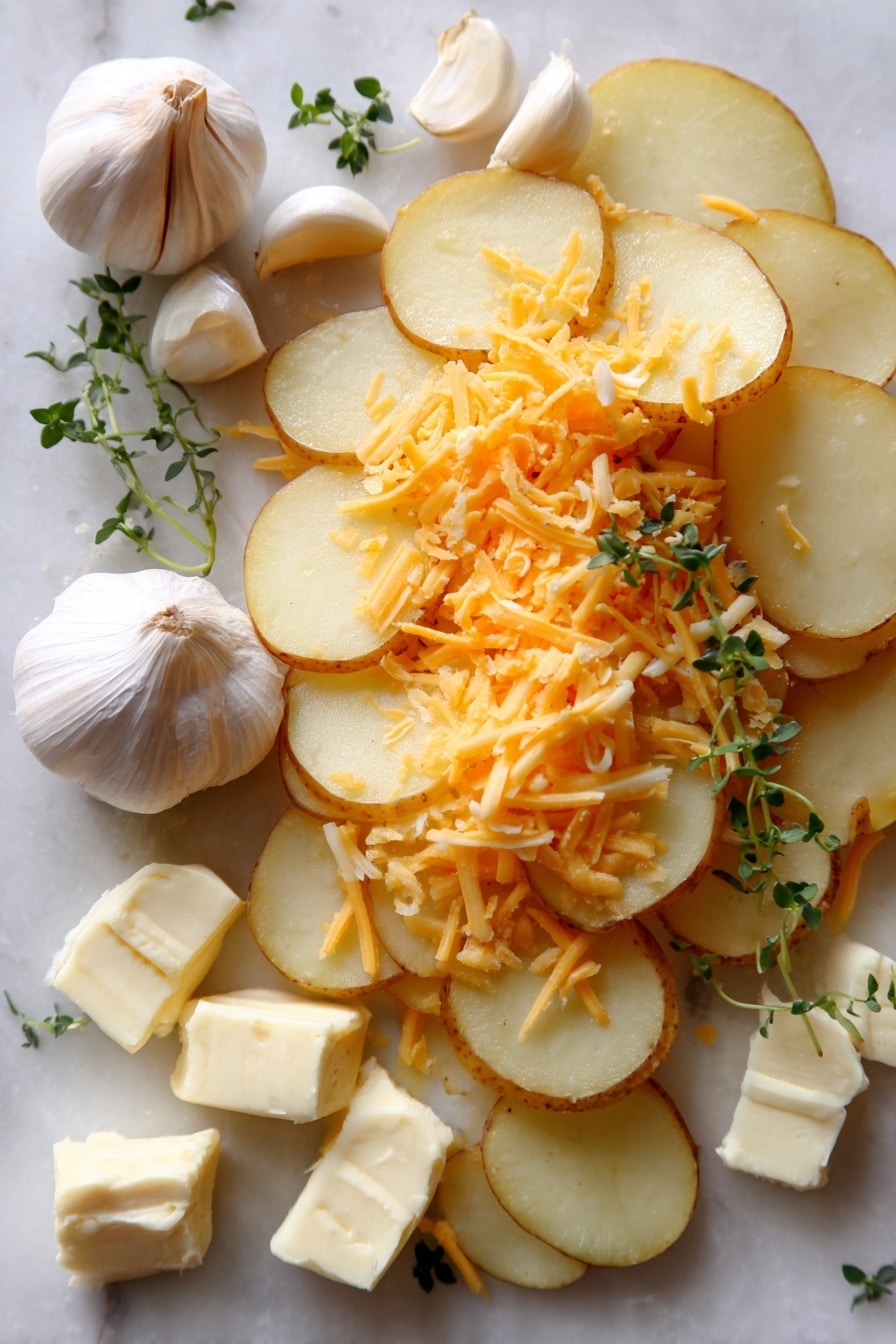 Flat lay of thinly sliced golden Yukon Gold potatoes with smooth, slightly curved edges, generous mounds of freshly grated sharp orange cheddar cheese mixed with pale, finely shredded parmesan, several creamy white garlic cloves with papery skins partially peeled, small chunks of rich pale yellow butter with a soft texture, and a few sprigs of fresh green herbs for contrast, all naturally arranged with a gentle overlap and casual spacing, placed on white marbled surface, photo taken with an iphone --ar 2:3 --v 7 - Easy Cheesy Scalloped Potatoes, cheesy scalloped potatoes, creamy scalloped potatoes, make-ahead scalloped potatoes, comforting potato side dish