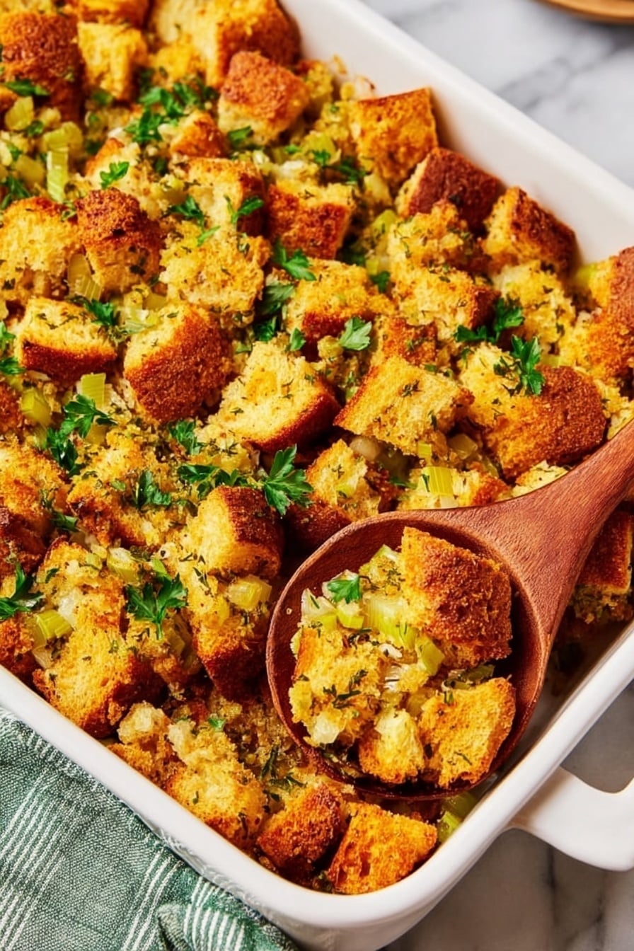 The image shows a white rectangular baking dish filled with golden-brown toasted croutons mixed with green celery pieces and scattered fresh parsley leaves on top. The texture of the croutons is crispy with some darker roasted spots, giving a crunchy look. A light green and white striped cloth is partially under the dish, and a wooden spoon rests on the right side of the dish. The background is a white marbled surface. photo taken with an iphone --ar 2:3 --v 7 - Cornbread Stuffing, Holiday Cornbread Stuffing, Southern Cornbread Side Dish, Herb Cornbread Casserole, Moist Cornbread Dressing