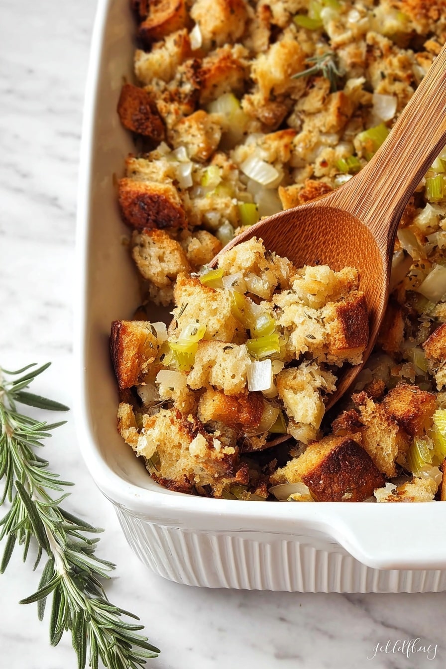 The image shows a white oval dish filled with a mixed dish of toasted bread cubes and small pieces of celery, all in light brown and green colors. The bread cubes are crispy and uneven, with a few bits of green celery mixed throughout, creating a rough texture on top. Beside the dish, there is a wooden spoon holding a small amount of the same mixture, with a sprig of fresh rosemary resting next to it. The whole scene is set on a white marbled surface with a subtle tile design visible underneath. Photo taken with an iphone --ar 2:3 --v 7 - Gluten-Free Stuffing, gluten-free stuffing recipe, holiday gluten-free stuffing, best gluten-free stuffing, easy gluten-free stuffing