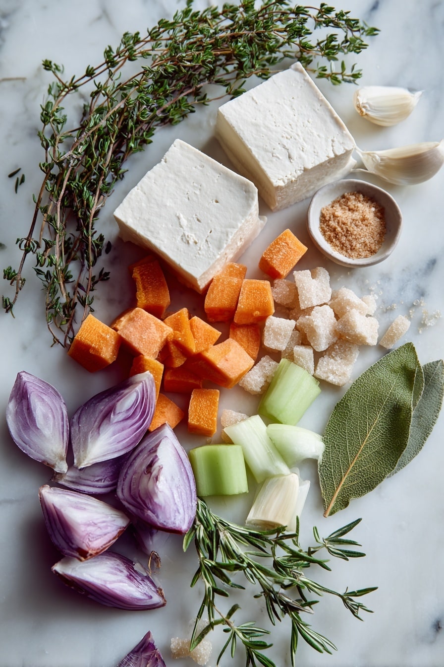 Flat lay of silken tofu with its smooth, creamy white texture, bright orange peeled carrot chunks, fresh green sprigs of thyme and rosemary, quartered purple-red onion pieces, pale green celery stalks cut into segments, a halved head of garlic showing its soft white cloves, vibrant bay leaves in rich forest green, and light brown sugar crystals scattered gently around, all arranged naturally with delicate layering and contrasting shapes, placed on white marbled surface, photo taken with an iphone --ar 2:3 --v 7 - Vegan Seitan Turkey Roast, vegetarian turkey substitute, plant-based holiday main dish, vegan stuffing and broth, vegan turkey roast with stuffing