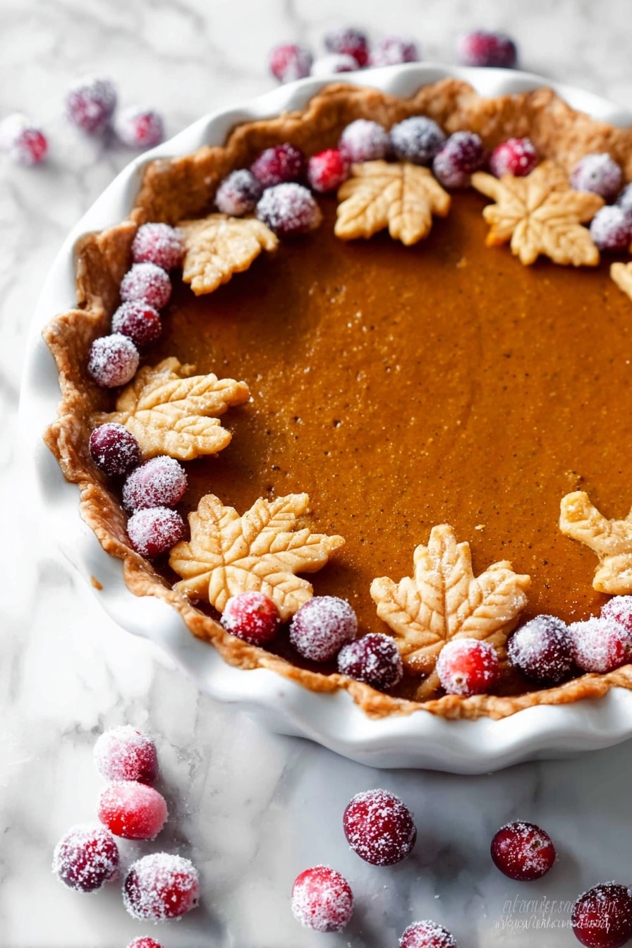 A slice of pumpkin pie is on a white plate with a white marbled texture background. The pie has two main layers: a light golden crust at the bottom and a thick, smooth, deep orange pumpkin filling on top. The crust edge is decorated with two small, detailed leaf-shaped pieces of pie crust that are golden brown. On top of the pumpkin filling, near the crust, there are three sugared bright red cranberries. In the center of the slice, there is a swirl of white whipped cream. Next to the pie slice is a silver fork holding a small piece of the crust and filling. In the background, there is a white square bowl filled with sugared cranberries. Photo taken with an iphone --ar 2:3 --v 7 - The Great Pumpkin Pie, pumpkin pie recipe, holiday pumpkin pie, homemade pumpkin pie, easy pumpkin pie