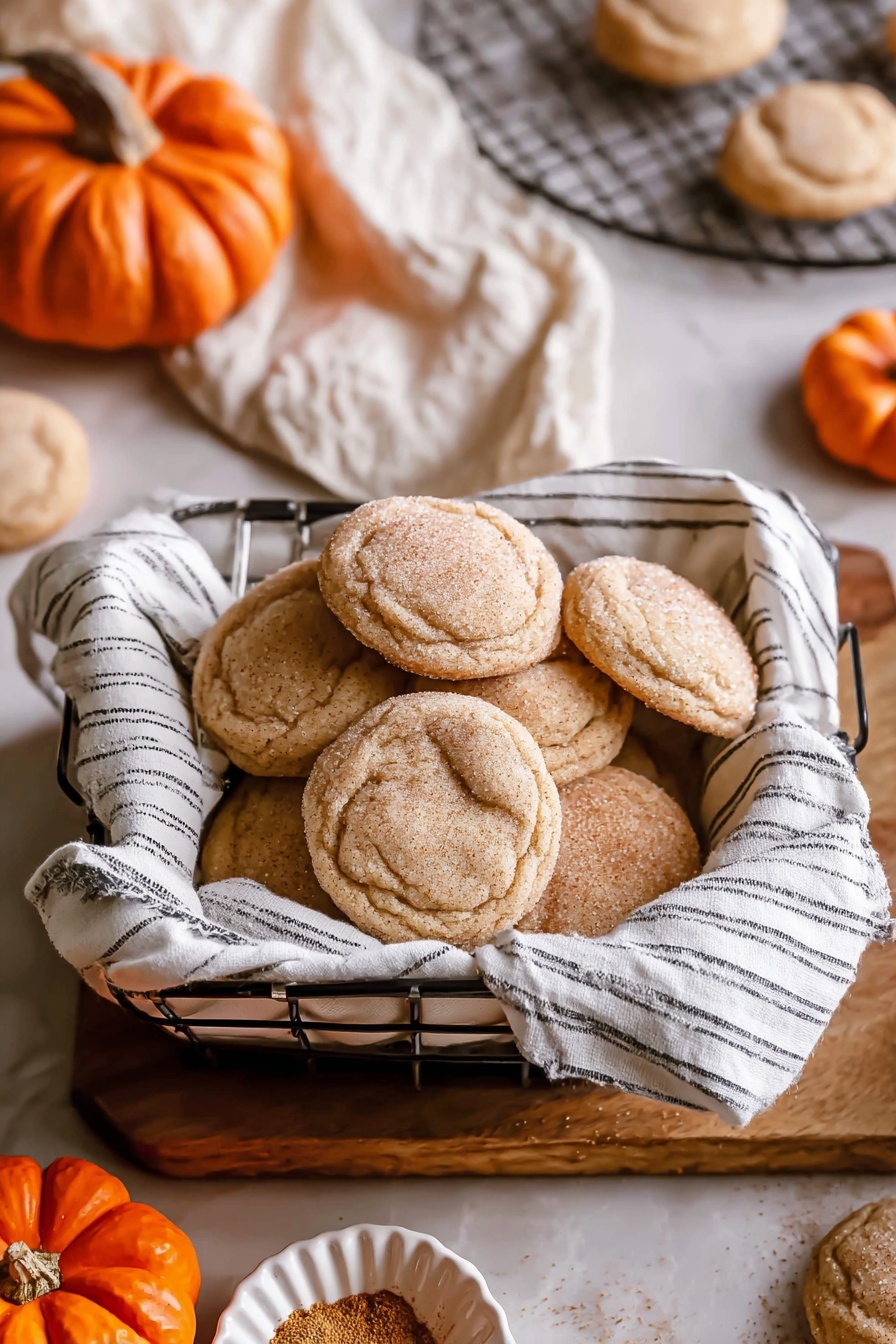 A black metal rectangular tray lined with a white kitchen towel with black stripes holds two stacks of round, light brown cookies dusted with sugar. The cookies have a crinkled, soft texture with slightly darker edges. The background shows a white marbled texture with blurred orange pumpkins, adding an autumn feel to the scene. Photo taken with an iphone --ar 2:3 --v 7 - Pumpkin Spice Cookies, Fall Cookies Recipe, Chewy Pumpkin Cookies, Easy Pumpkin Cookies, Seasonal Pumpkin Cookies
