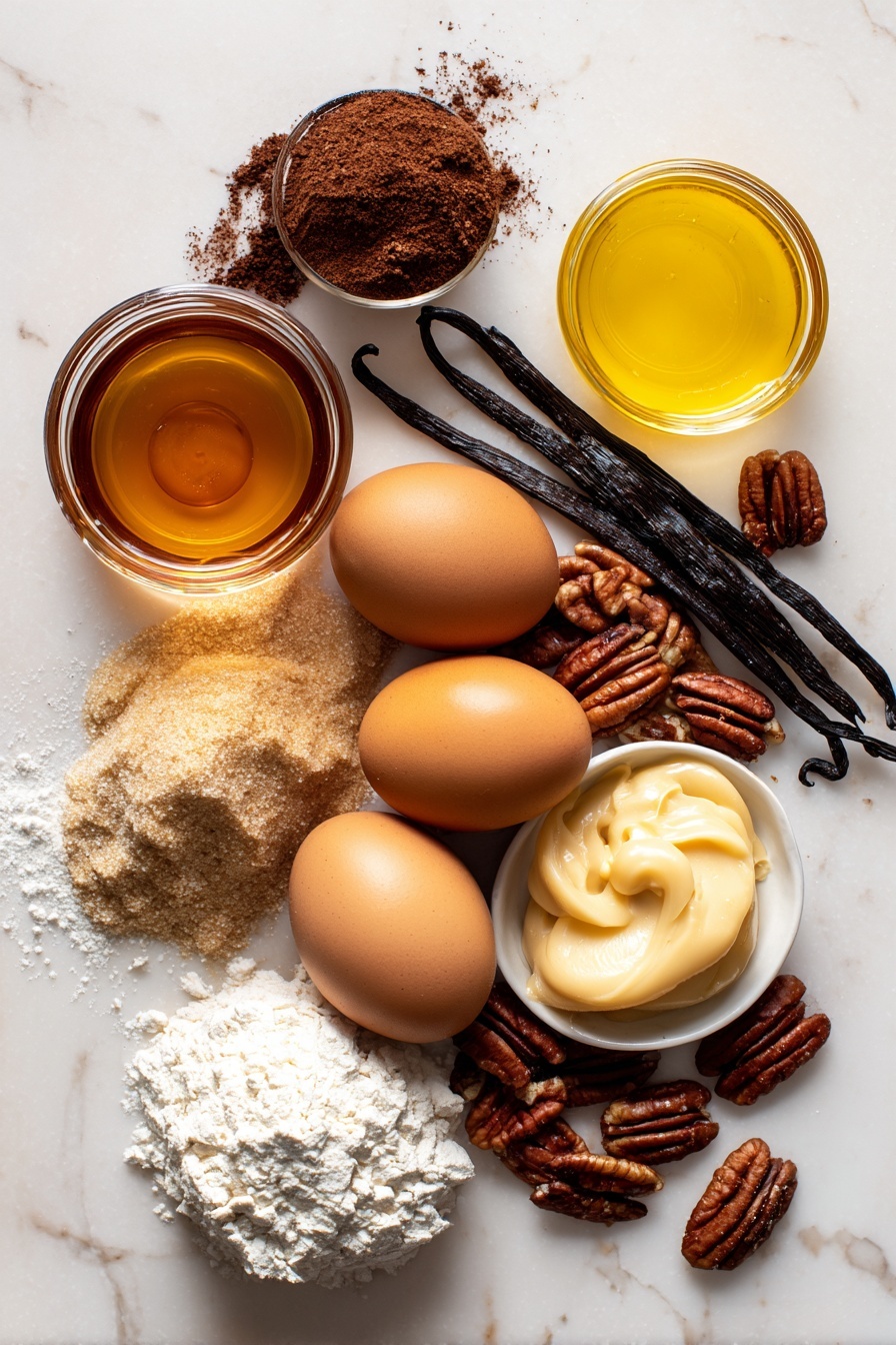 Flat lay of glossy amber maple syrup in a small glass jar, rich dark-brown sugar piled in a neat mound, smooth golden extra-virgin olive oil shimmering in soft light, a cluster of large fresh brown eggs with one cracked open showing its vibrant yolk, toasted pecans with deep brown ridged shells and chopped pieces scattered artfully, a stick of vanilla bean split open revealing tiny black seeds, pale off-white all-purpose flour in a soft heap, and a dollop of creamy caramel sauce with warm golden hues, all arranged naturally with some pecans spilling gently around, placed on white marbled surface, photo taken with an iphone --ar 2:3 --v 7 - Maple Pecan Blondies with Caramel Glaze, Maple blondie bars, Pecan blondie dessert, Caramel glazed blondies, Sweet nutty blondie recipe