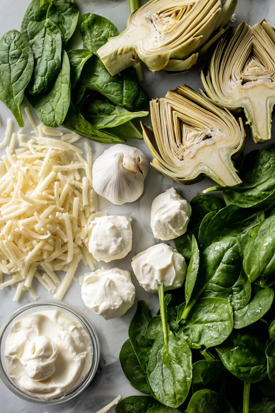 Flat lay of fresh deep green spinach leaves with their natural veiny texture, tender quartered pale green artichoke hearts with slight sheen, smooth and creamy white cream cheese softened to a spreadable consistency, small dollops of thick white sour cream and glossy mayonnaise, finely shredded pale yellow parmesan cheese with jagged edges, soft white shredded mozzarella cheese strips, and a single peeled garlic clove showing its smooth off-white surface, all beautifully arranged in a natural, slightly scattered way, placed on white marbled surface, photo taken with an iphone --ar 2:3 --v 7 - Spinach Artichoke Dip, spinach artichoke dip recipe, creamy appetizer, cheesy spinach dip, easy party dip