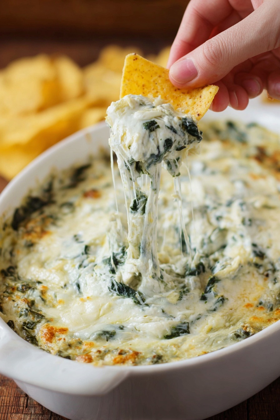 A white dish filled with creamy spinach and artichoke dip that has a thick, smooth texture with visible green spinach leaves mixed evenly throughout. The dip has a melted cheese layer creating stretchy, gooey strings lifted by a woman's hand holding a triangular yellow corn chip dipped into the mixture. In the background, the white dish rests on a wooden surface with a softly blurred effect, highlighting the cheesy, rich texture of the dip photo taken with an iphone --ar 2:3 --v 7 - Spinach Artichoke Dip, spinach artichoke dip recipe, creamy appetizer, cheesy spinach dip, easy party dip