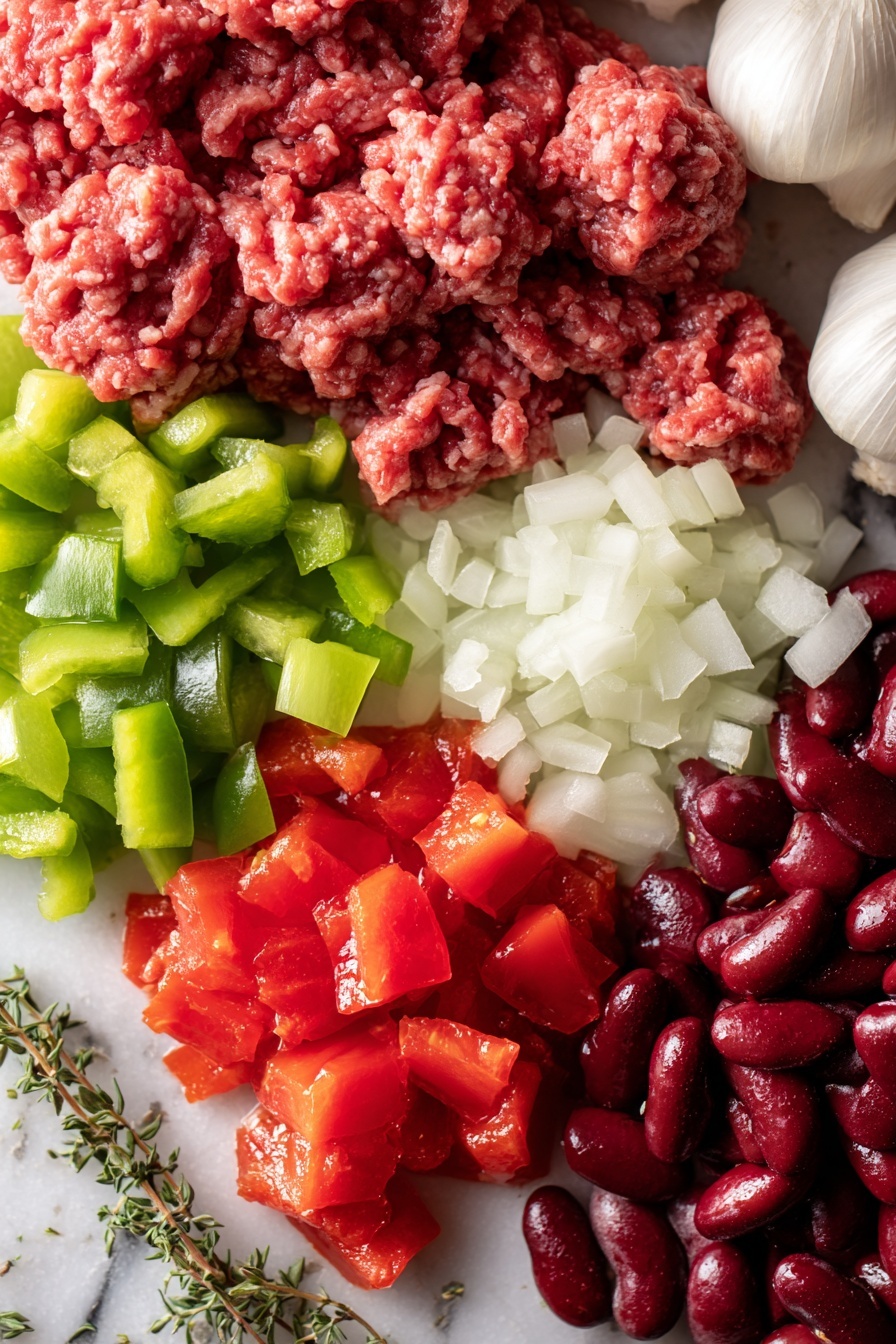 Flat lay of fresh ground beef in rich red tones with a slightly coarse texture, bright white diced onions with translucent layers, plump whole garlic cloves showing smooth off-white skins, vibrant green bell pepper chunks with shiny skin and crisp texture, glossy red diced tomatoes with juicy, seedy interiors, deep red kidney beans with a smooth, firm surface, a small amount of thick, bright red tomato paste, and a few sprigs of dried oregano with tiny green leaves scattered lightly, all beautifully arranged to create a colorful and inviting composition, placed on white marbled surface, photo taken with an iphone --ar 2:3 --v 7 - The Best One Pot Chili, easy chili dinner, hearty chili recipe, quick one pot meal, family-friendly chili