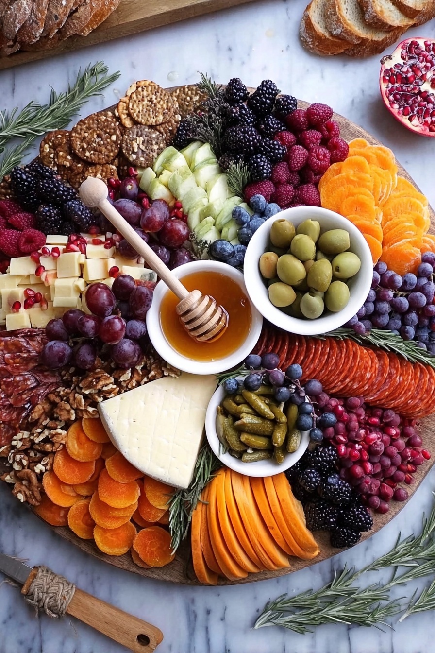 A large round board filled with many colorful layers, starting with a base layer of purple-black blackberries and blueberries on one side and orange mini pumpkins and bright orange slices on the other side. On top of this base, there are several small piles of different items: white bowl with honey and a wooden honey dipper in the center, a white bowl filled with green olives to the right, and another white bowl with small pickles toward the lower center. Around the bowls are layers of orange sliced cheese, red folded cured meat, dark red sliced sausages, and light yellow cheese chunks. There are also clusters of dark purple grapes, red raspberries, pomegranate seeds, and mixed nuts like walnuts and pistachios scattered around. Garnishes of green rosemary sprigs add contrast. The whole arrangement sits on a white marbled surface, with parts of bread and white cheese near the edges. Photo taken with an iphone --ar 2:3 --v 7 - Fall Cheese Board, Autumn Cheese Platter, Fall Charcuterie Board, Seasonal Cheese Display, Fall Party Appetizer