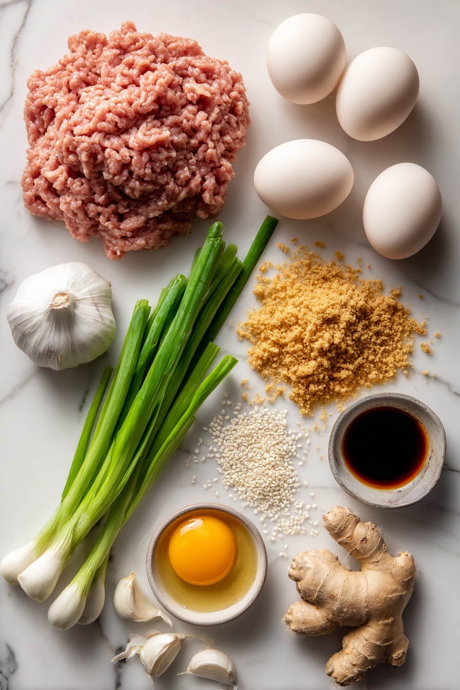 Flat lay of fresh ground turkey breast in a neat mound, whole eggs with smooth cream-colored shells, unseasoned golden panko breadcrumbs scattered loosely, plump garlic bulbs and individual peeled cloves showing their white papery texture, vibrant green scallions with leafy tops and white bulbs, fresh ginger root with its knobby light brown skin, glossy dark brown hoisin sauce in a small spill, rich amber rice wine vinegar in a clear small puddle, and tiny white sesame seeds sprinkled naturally nearby, all arranged with balance and harmony, placed on white marbled surface, photo taken with an iphone --ar 2:3 --v 7 - Asian Glazed Turkey Meatballs, turkey meatballs with Asian glaze, easy Asian meatballs recipe, healthy turkey meatballs, quick dinner ideas