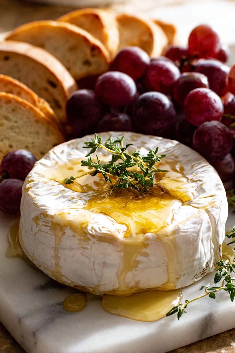 A round, soft cheese with a white rind is shown with its top layer opened, revealing a thick, creamy, melted yellow inside flowing onto white parchment paper beneath. A woman's hand is lifting a toasted, oval-shaped bread piece from the cheese, pulling the melted cheese in a stretchy, gooey stream. There is a small green herb sprig on the cheese and some red grapes blurred in the background, all set on a white marbled surface. photo taken with an iphone --ar 2:3 --v 7 - Baked Brie with Honey and Thyme, baked brie appetizer, easy cheese appetizer, honey thyme cheese dip, elegant party starters