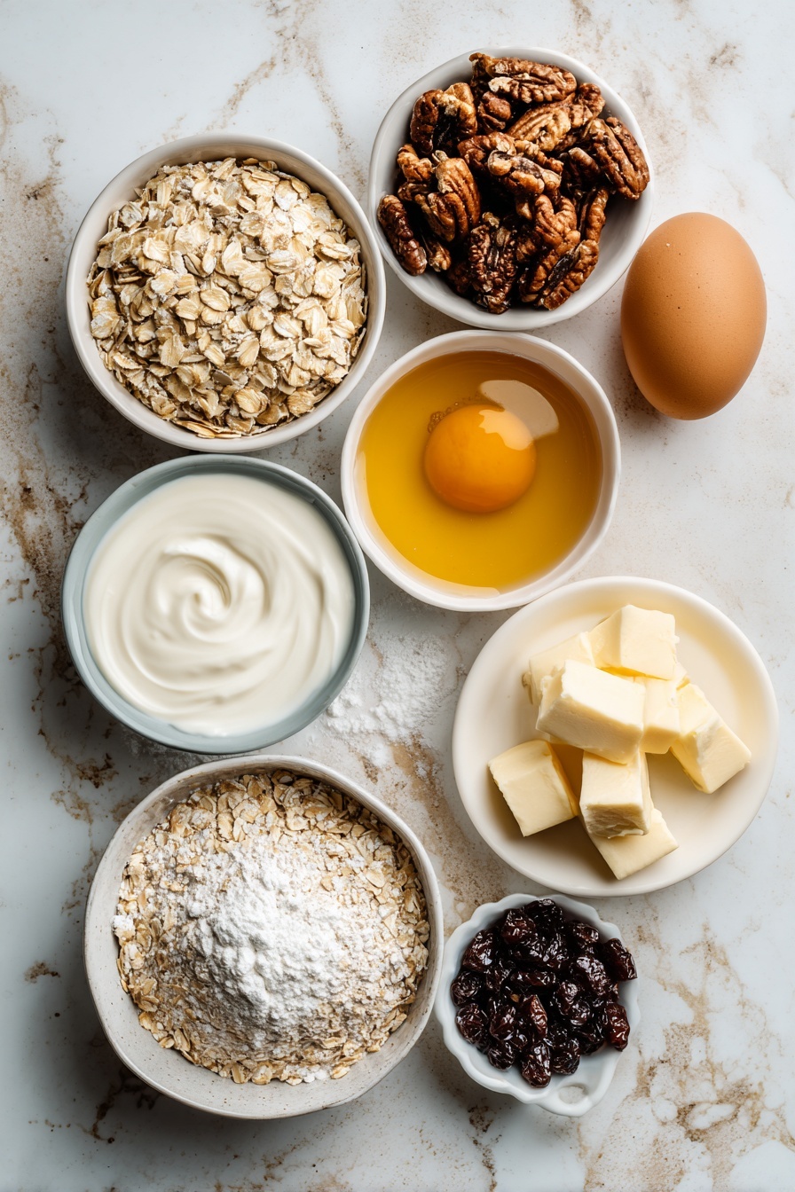 Flat lay of toasted pecan halves with rich brown hues and rugged textures, plump dark currants with a glossy sheen, rustic old-fashioned rolled oats in soft beige clusters, smooth cold unsalted butter pieces in pale yellow blocks, golden maple syrup glistening in a small natural pool, creamy white heavy cream in a gentle swirl, a fresh brown egg with a smooth shell, and a small pile of fine white confectioners' sugar, all beautifully arranged with natural spacing and slight overlaps, placed on white marbled surface, photo taken with an iphone --ar 2:3 --v 7 - Glazed Oatmeal Maple Scones with Pecans & Currants, oat breakfast scones, maple scones with nuts and dried fruit, homemade pecan currant scones, comforting breakfast treats