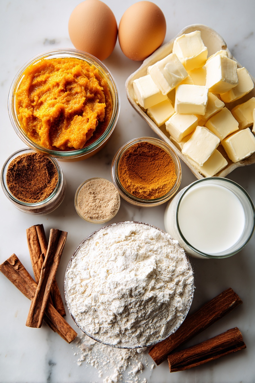 Flat lay of rich orange canned pumpkin puree, golden light and dark brown sugar crystals, warm cinnamon sticks, aromatic pumpkin pie spice powder gently scattered, smooth large brown eggs, creamy white milk in a small glass jar, soft pale yellow cubes of unsalted butter, and fine white all-purpose flour mounded softly, placed on a white marble surface, photo taken with an iphone --ar 2:3 --v 7 - Pumpkin Crumb Cake Muffins, pumpkin muffin recipes, fall breakfast ideas, moist pumpkin muffins, crumb topping muffins