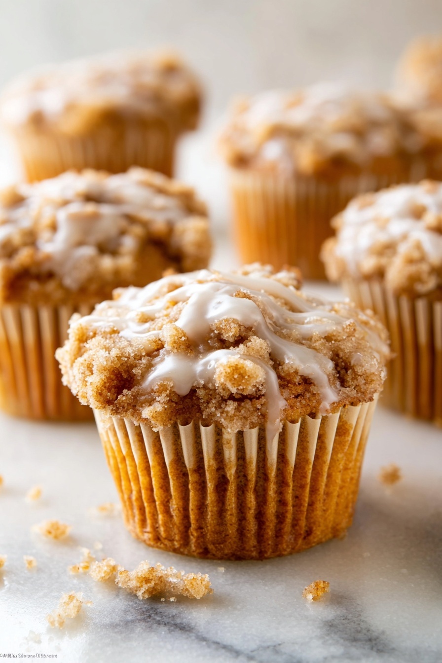A group of seven crumb-topped muffins with a rough, crumbly golden brown texture, each drizzled with a light white sugary glaze. The muffins sit close together on a smooth white round plate. The glaze drips slightly on the plate, adding a shiny, wet look to the dry crumb topping. The plate is placed on a white marbled surface with a few crumbs scattered around it. Photo taken with an iphone --ar 2:3 --v 7 - Pumpkin Crumb Cake Muffins, pumpkin muffin recipes, fall breakfast ideas, moist pumpkin muffins, crumb topping muffins