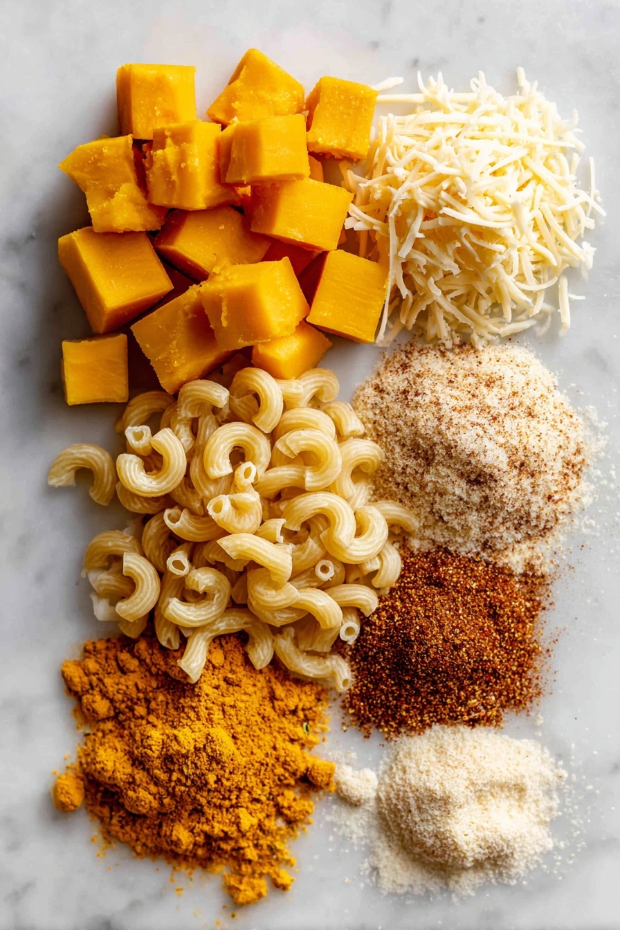 Flat lay of bright orange pumpkin purée, golden cubes of cream cheese, sharp shredded cheddar cheese, finely grated Parmesan cheese, vibrant orange-brown pumpkin spice blend with visible specks of cinnamon and nutmeg, loose elbow macaroni pasta in a natural pale cream color, and a small pile of garlic and onion powders, all beautifully arranged in a balanced composition on a white marble surface, photo taken with an iphone --ar 2:3 --v 7 - Pumpkin Spice Mac and Cheese, pumpkin spice mac and cheese recipe, cozy fall pasta dish, cheesy pumpkin pasta, seasonal pumpkin cheese meal