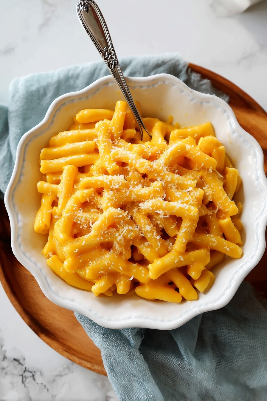 A white scalloped bowl filled with creamy, smooth mac and cheese showing thick noodles coated evenly with bright orange cheese sauce, placed on a wooden board with a soft blue and white cloth beside it, an old silver fork resting on the cloth, a small white bowl with grated cheese slightly visible in the top left corner, and a white pot with more mac and cheese on the top right on a white marbled surface photo taken with an iphone --ar 2:3 --v 7 - Pumpkin Spice Mac and Cheese, pumpkin spice mac and cheese recipe, cozy fall pasta dish, cheesy pumpkin pasta, seasonal pumpkin cheese meal
