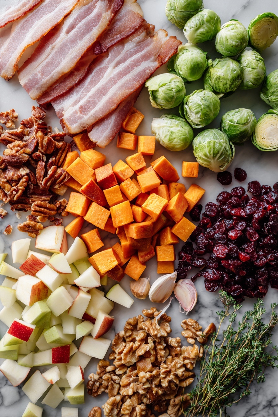 Flat lay of thick-cut bacon slices, diced small sweet potatoes, halved Brussels sprouts, diced red apple pieces, roughly chopped walnuts, dried cranberries, fresh green thyme sprigs, small brown onion diced, and garlic cloves, all beautifully arranged with warm autumn colors and natural textures, placed on a white marble surface, photo taken with an iphone --ar 2:3 --v 7 - One-Pot Easy Harvest Chicken Skillet, autumn chicken skillet, healthy one-pan chicken dinner, easy fall chicken recipes, cozy weeknight chicken meal