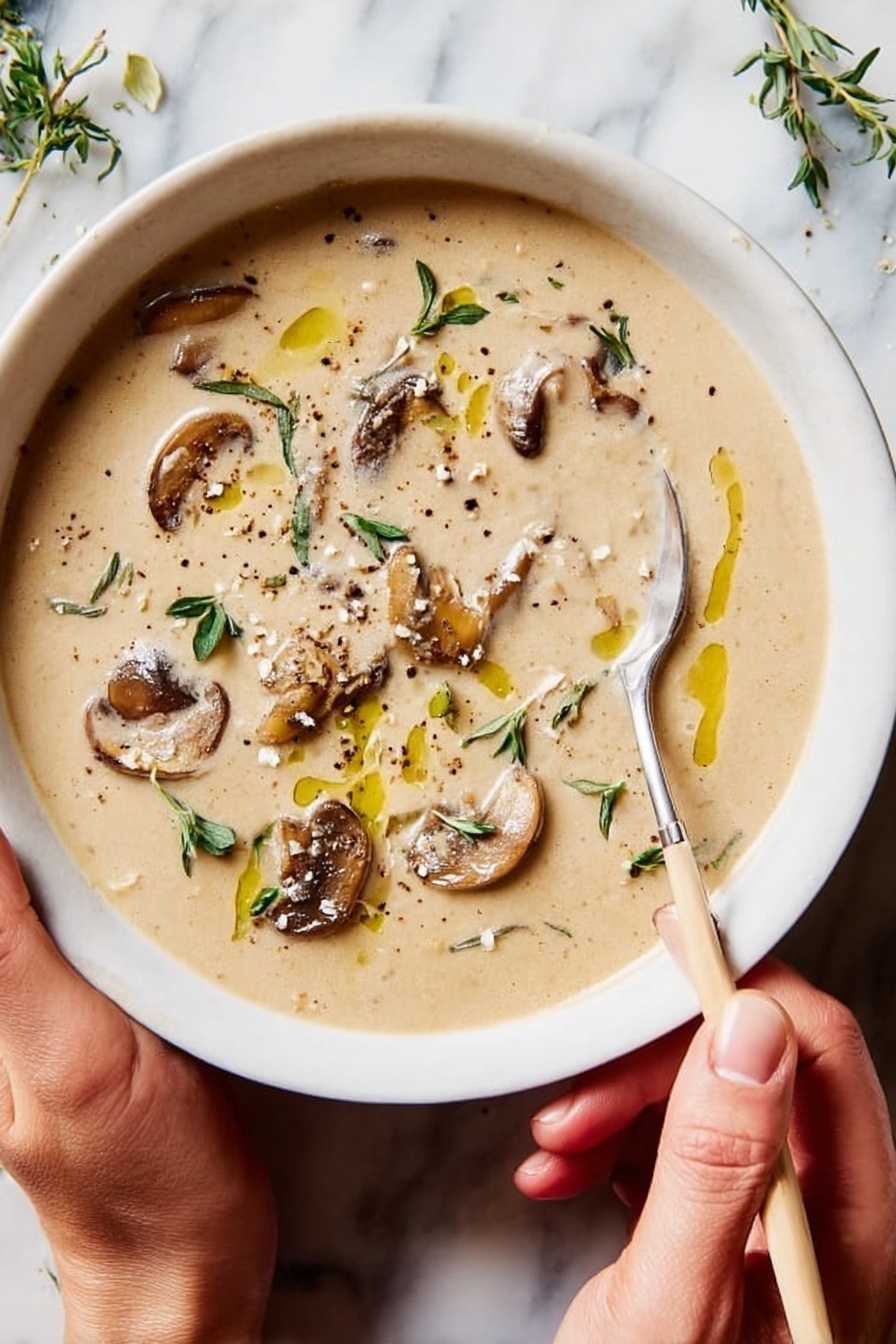 Two bowls of creamy beige mushroom soup with visible slices of mushrooms and small green herb leaves sprinkled on top, along with drizzles of yellow olive oil and bits of black pepper. One bowl is held by a woman's hand on the left side, while another woman's hand holds a spoon with sliced mushrooms near the right bowl. There is a white marbled surface underneath, a folded reddish-brown and beige striped cloth near the top left, and a glass bottle with olive oil on the right. photo taken with an iphone --ar 2:3 --v 7 - Creamy Mushroom Soup, mushroom soup, creamy mushroom recipe, comforting mushroom soup, easy mushroom soup