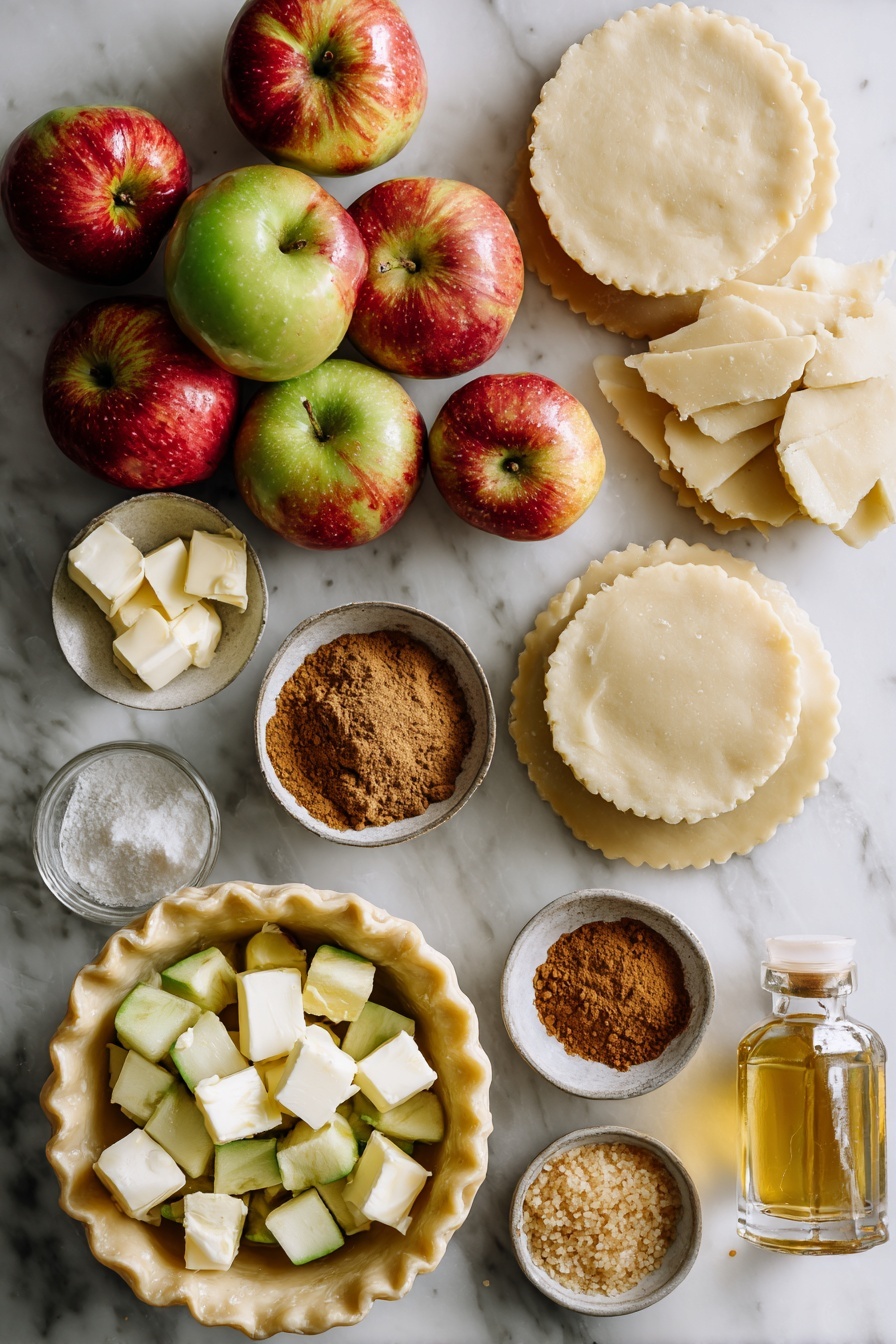 Flat lay of fresh chopped apples with their natural red and green skins, small cubes of creamy butter, golden granulated sugar crystals, warm brown ground cinnamon and nutmeg powders, smooth pale pie crust dough rounds, and a small glass bottle of pure vanilla extract, all beautifully arranged in a balanced composition highlighting their textures and colors, placed on a white marble surface, photo taken with an iphone --ar 2:3 --v 7 - Apple Hand Pies, apple hand pies recipe, portable apple pies, easy apple hand pies, homemade apple hand pies