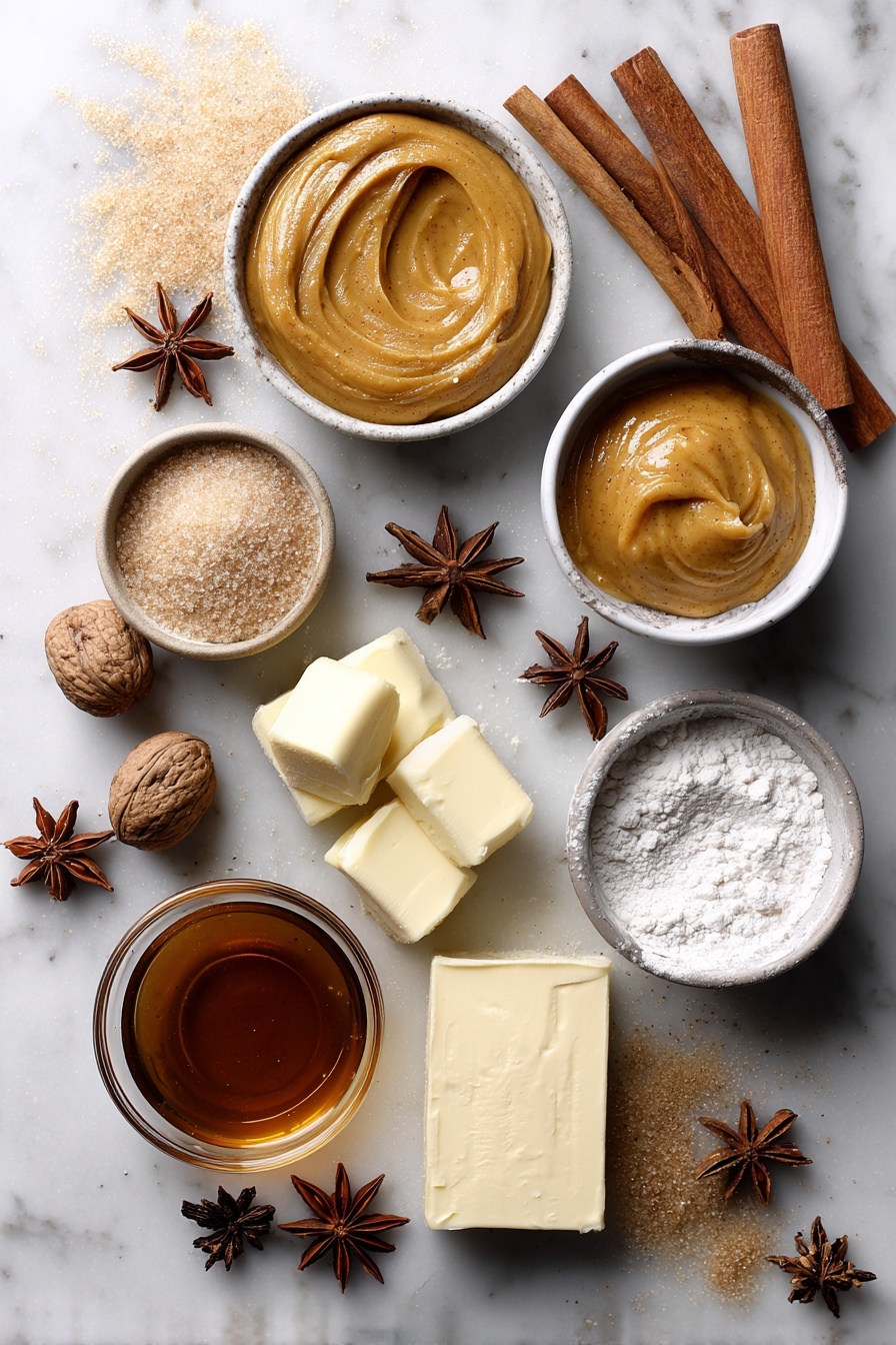 Flat lay of smooth pumpkin puree dollops, golden light brown sugar piles, warm cinnamon sticks, star anise, whole nutmeg, shiny unsalted butter cubes, glossy maple syrup drizzle, and creamy vanilla beans, all beautifully arranged with a scattering of raw all-purpose flour on a white marble surface, photo taken with an iphone --ar 2:3 --v 7 - Pumpkin Coffee Cake with Maple Glaze, pumpkin coffee cake, fall coffee cake, Pumpkin spice cake, maple glaze dessert