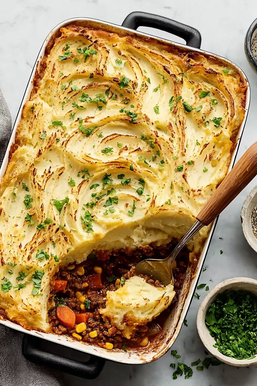 A close-up of a dish in a dark bowl on a white marbled surface shows two layers: the bottom layer is a mix of cooked ground meat with diced vegetables including red tomatoes, orange carrots, green celery, and onions, all in a rich, moist sauce, creating a textured and colorful base. The top layer is smooth, creamy mashed potatoes spread evenly with a few small peaks and light browning around the edges. The mashed potatoes are sprinkled with chopped green herbs and cracked black pepper. A silver fork rests on the side of the bowl with its tines partly inside the meat layer. photo taken with an iphone --ar 2:3 --v 7 - Healthy Parsnip Shepherd's Pie, nutritious shepherd's pie with parsnips, homemade healthy shepherd's pie, low-calorie shepherd's pie recipe, wholesome comfort food