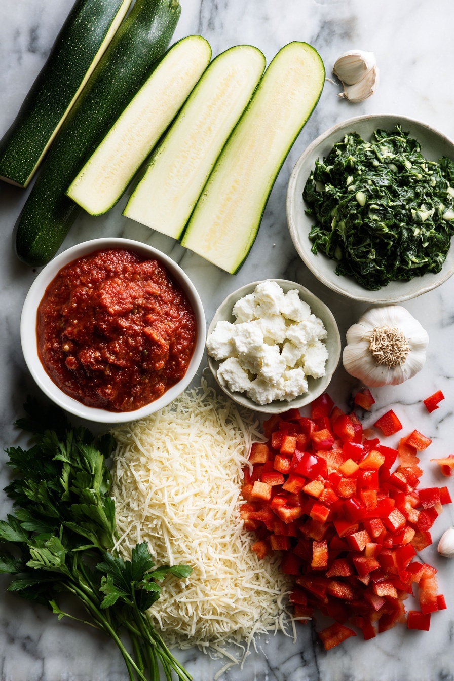 Flat lay of halved zucchinis with their flesh scooped out, diced red bell pepper, fresh spinach leaves finely chopped, whole garlic cloves, a mound of ricotta cheese, shredded mozzarella cheese, freshly grated Parmesan cheese, and a jar of vibrant marinara sauce, all beautifully arranged on a white marble surface, photo taken with an iphone --ar 2:3 --v 7 - Lasagna Stuffed Zucchini Boats, healthy zucchini lasagna, low-carb zucchini recipes, cheesy stuffed zucchini, easy zucchini dinner