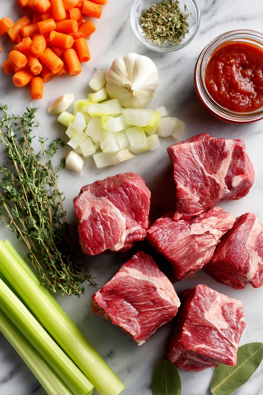 Flat lay of thick, raw chuck roast pieces with trimmed fat, diced pancetta cubes, bright orange peeled carrot chunks, finely chopped yellow onion, crisp celery ribs sliced, whole peeled garlic cloves, a small jar of deep red tomato paste, fresh green thyme sprigs, and glossy bay leaves beautifully arranged and placed on a white marble surface, photo taken with an iphone --ar 2:3 --v 7 - Italian Pot Roast Beef, Italian Pot Roast, Italian Braised Beef, Slow Cooker Italian Pot Roast, hearty Italian dinner