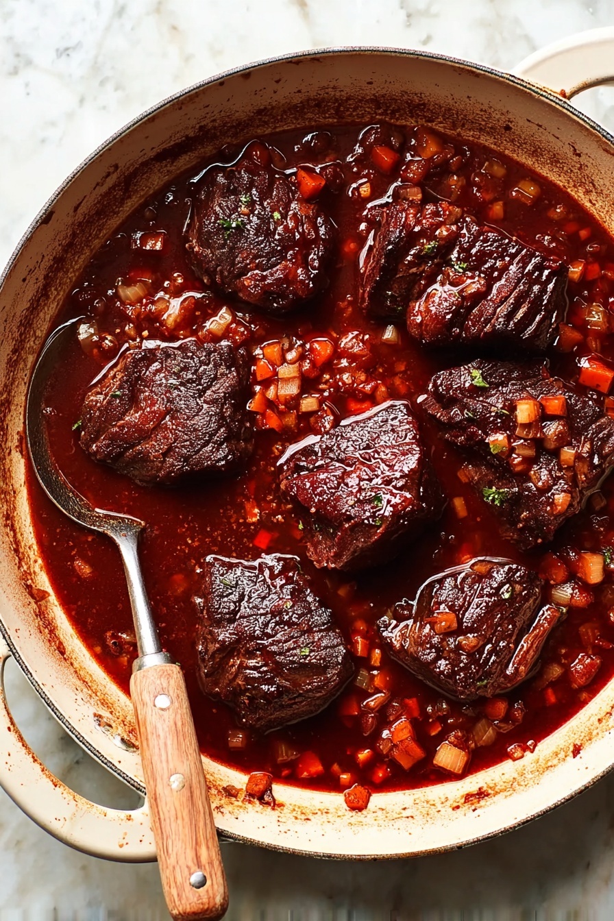 The image shows a white round pan filled with six large dark brown beef pieces simmering in a deep red-brown sauce with a rich glossy texture. The sauce contains small diced carrots and onions scattered evenly around the beef pieces. A metal spoon with a light wooden handle rests inside the pan, partially submerged in the sauce on the left side. The pan is placed on a white marbled surface that enhances the color contrast of the food. photo taken with an iphone --ar 2:3 --v 7 - Italian Pot Roast Beef, Italian Pot Roast, Italian Braised Beef, Slow Cooker Italian Pot Roast, hearty Italian dinner