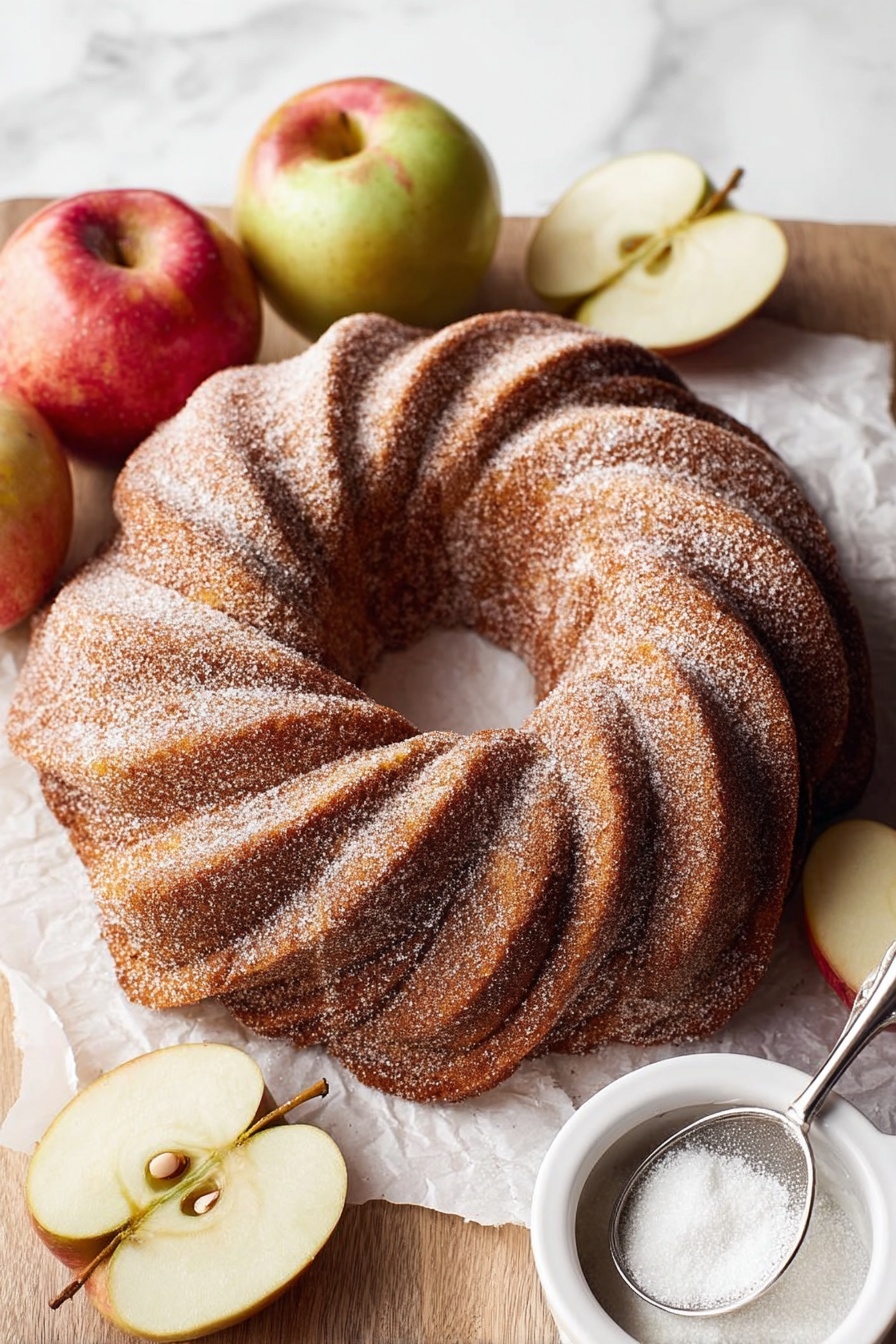 A round bundt cake with a golden brown crust is placed on crumpled white parchment paper over a white marbled surface. The cake is sliced into five pieces, showing a soft, light beige inside with a moist texture. Thick white icing is drizzled in broad lines across the top and sides, with some icing pooled around the cake on the parchment. A small white bowl filled with cinnamon sugar sits nearby, along with a beige-handled knife resting on the surface. The overall scene is softly lit, focusing on the texture and glaze of the cake. photo taken with an iphone --ar 2:3 --v 7 - Apple Cider Bundt Cake, apple cider bundt cake recipe, fall dessert, moist apple cake, cinnamon spice cake