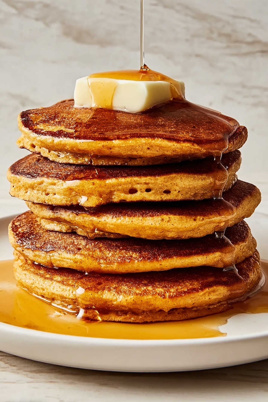 A stack of five thick, golden-brown pancakes sits in the center of a white plate. The pancakes have a slightly rough texture with small air holes visible on the edges. On top of the stack is a melting square of pale yellow butter, with amber syrup slowly dripping down over the sides of the pancakes, pooling slightly on the plate below. The plate rests on a surface with a white marbled texture. photo taken with an iphone --ar 2:3 --v 7 - Pumpkin Pancakes with Warm Spices, pumpkin spiced pancakes, fall breakfast recipes, fluffy pumpkin pancakes, cozy morning breakfast