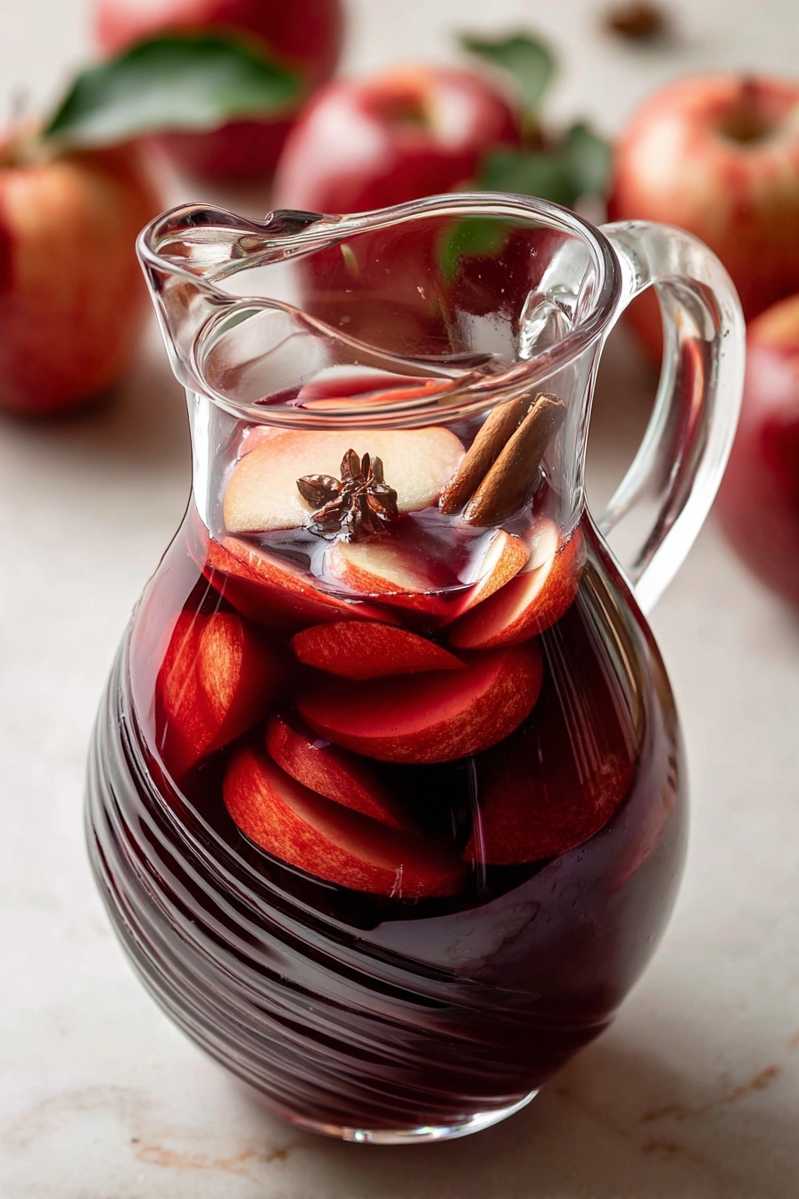 A clear glass pitcher filled with a deep red drink, with several thin slices of red apple floating on top, along with a whole cinnamon stick near the center. The pitcher has a wide, curved handle and visible swirl patterns along its top edge. The background shows a soft white marbled surface, and a few red apples with green leaves are seen blurred in the background. The lighting highlights the rich color and transparency of the liquid, emphasizing the fresh fruit and spice inside. photo taken with an iphone --ar 2:3 --v 7 - Honeycrisp Apple Red Sangria, fruity fall sangria, easy sangria recipe, apple cinnamon sangria, make-ahead red sangria