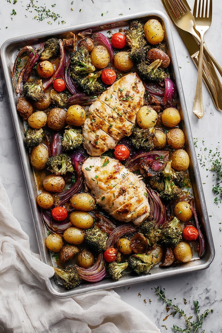 The image shows two sliced, cooked chicken breasts placed on a large white tray. The chicken is golden brown with light grill marks and sprinkled with small bits of green herbs. Surrounding the chicken are many roasted baby potatoes in different shades of brown, yellow, and purple. Scattered throughout are bright red roasted cherry tomatoes, and green broccoli florets with slightly charred tips. Thin slices of soft purple onion are mixed in with the vegetables, all resting on a white marbled surface. The colors and textures create a warm, rustic look with a balanced mix of vegetables and meat. photo taken with an iphone --ar 2:3 --v 7 - Sheet Pan Chicken and Veggies, sheet pan dinner, easy chicken recipes, healthy weeknight meals, roasted veggie recipes