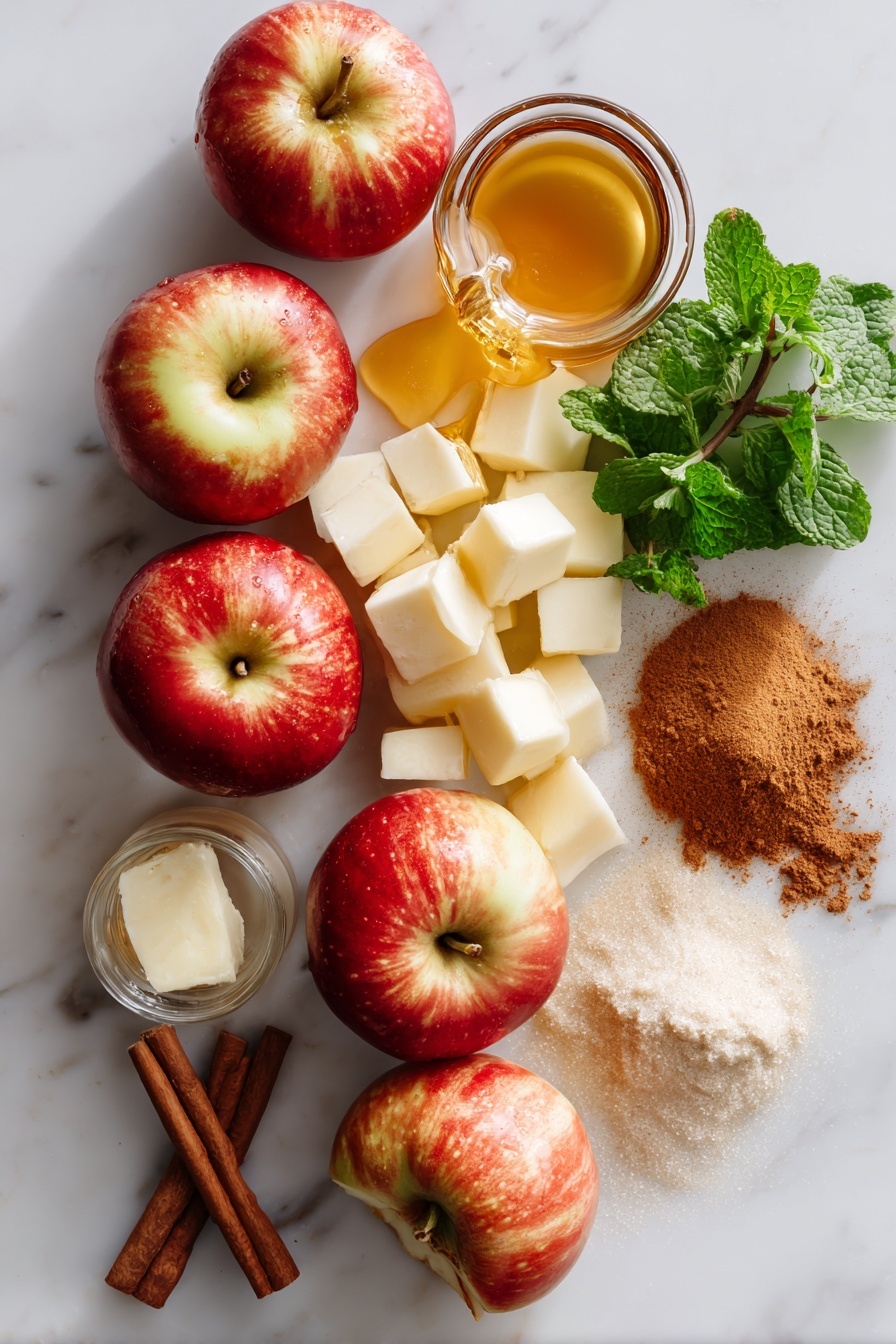 Flat lay of fresh Honey Crisp apples, some whole and some chopped into cubes, surrounded by a small pile of ground cinnamon powder, a drizzle of golden maple syrup in a delicate stream, a small pat of creamy salted butter, and a tiny glass vial of pure vanilla extract, all beautifully arranged with a few cinnamon sticks for texture and a sprig of fresh green mint for color contrast, placed on a white marble surface, photo taken with an iphone --ar 2:3 --v 7 - Easy Cinnamon Apples, cinnamon apples, easy apple dessert, fall apple recipes, quick fruit desserts