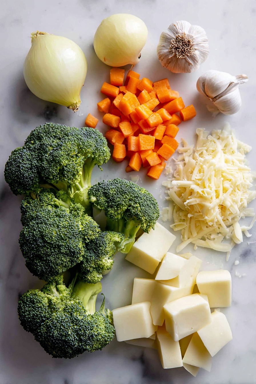 Flat lay of fresh broccoli florets with their bright green color, diced orange carrots, peeled and cubed white potatoes, a whole peeled onion with a slight shine, several cloves of fresh garlic with papery skins, a small pile of shredded sharp cheddar cheese with vibrant yellow-orange hues, and a pat of creamy butter, all beautifully arranged on a white marble surface, photo taken with an iphone --ar 2:3 --v 7 - Broccoli Potato Cheese Soup, creamy vegetable soup, cheesy broccoli potato soup, easy comfort food recipe, hearty veggie soup