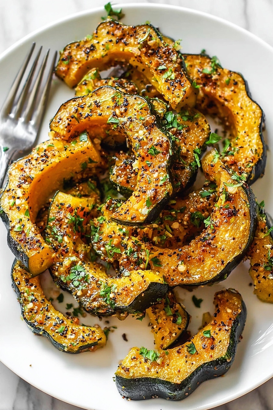 The image shows a silver baking tray on a white marbled surface with a black and white striped towel beside it. On the tray, there are ten pieces of roasted delicata squash arranged in loose rows. Each piece is crescent-shaped with caramelized, golden brown edges and a slightly crispy texture, with darker brown speckles of seasoning scattered on the surface. The inside flesh of the squash has a warm, light yellow-orange color, contrasting with the darker, slightly wrinkled skin on the outer edge. Some oil droplets and small bits of seasoning remain on the tray around the squash slices. The photo taken with an iphone --ar 2:3 --v 7 - Parmesan Herb Roasted Acorn Squash, roasted acorn squash, easy squash side dish, baked acorn squash with herbs, cheesy acorn squash