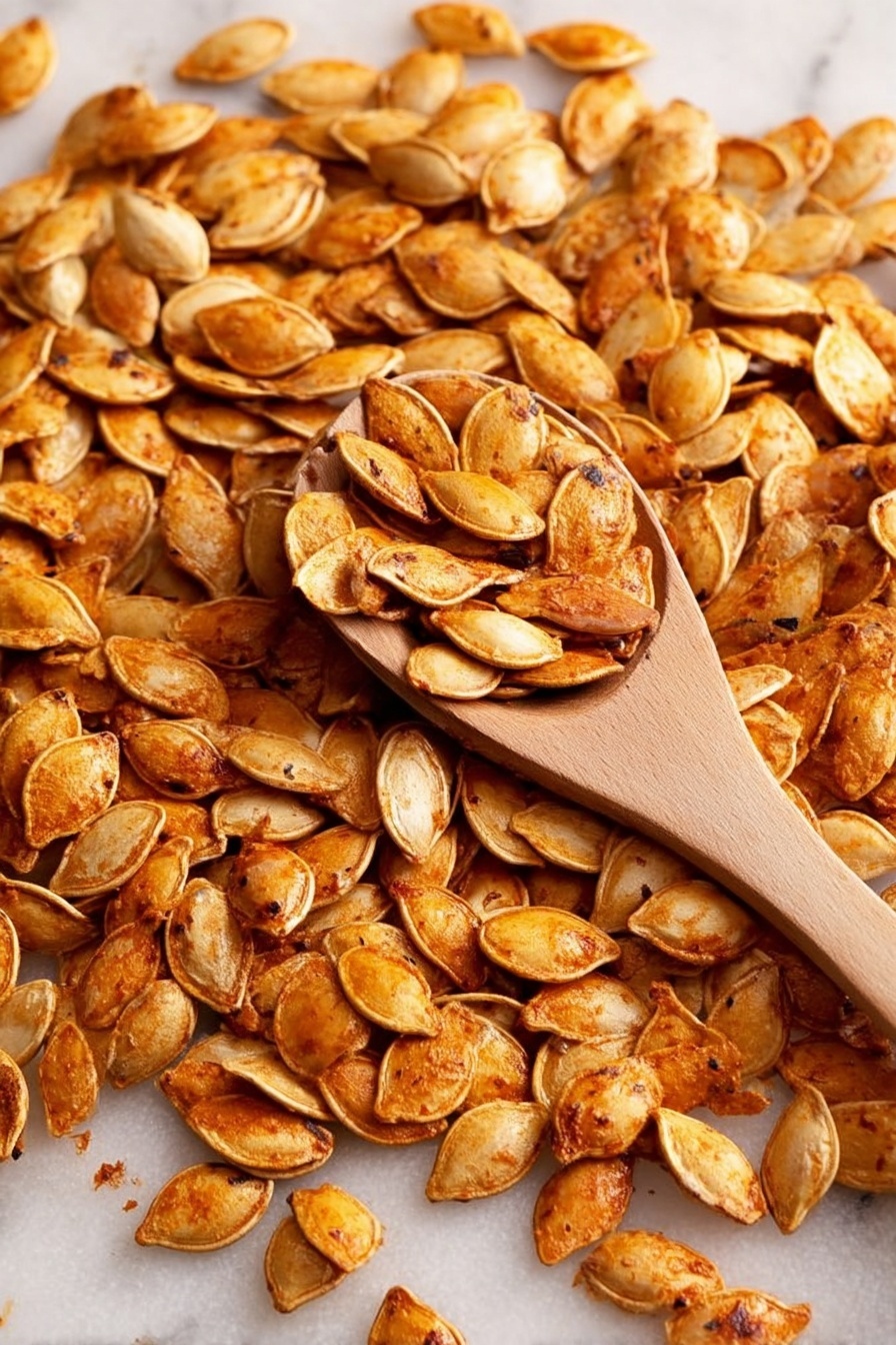 A metal baking tray lined with white parchment paper is filled with many roasted pumpkin seeds scattered all over. The seeds are a mix of light golden brown and medium brown color, showing a crispy texture. A wooden spoon holding several pumpkin seeds rests near the right side of the tray. The tray is placed on a white marbled surface, with a blue cloth partially visible in the lower-left corner. Photo taken with an iphone --ar 2:3 --v 7 - Roasted Spiced Pumpkin Seeds, pumpkin seed snack, homemade roasted pumpkin seeds, easy pumpkin seed recipe, crunchy spiced pumpkin seeds